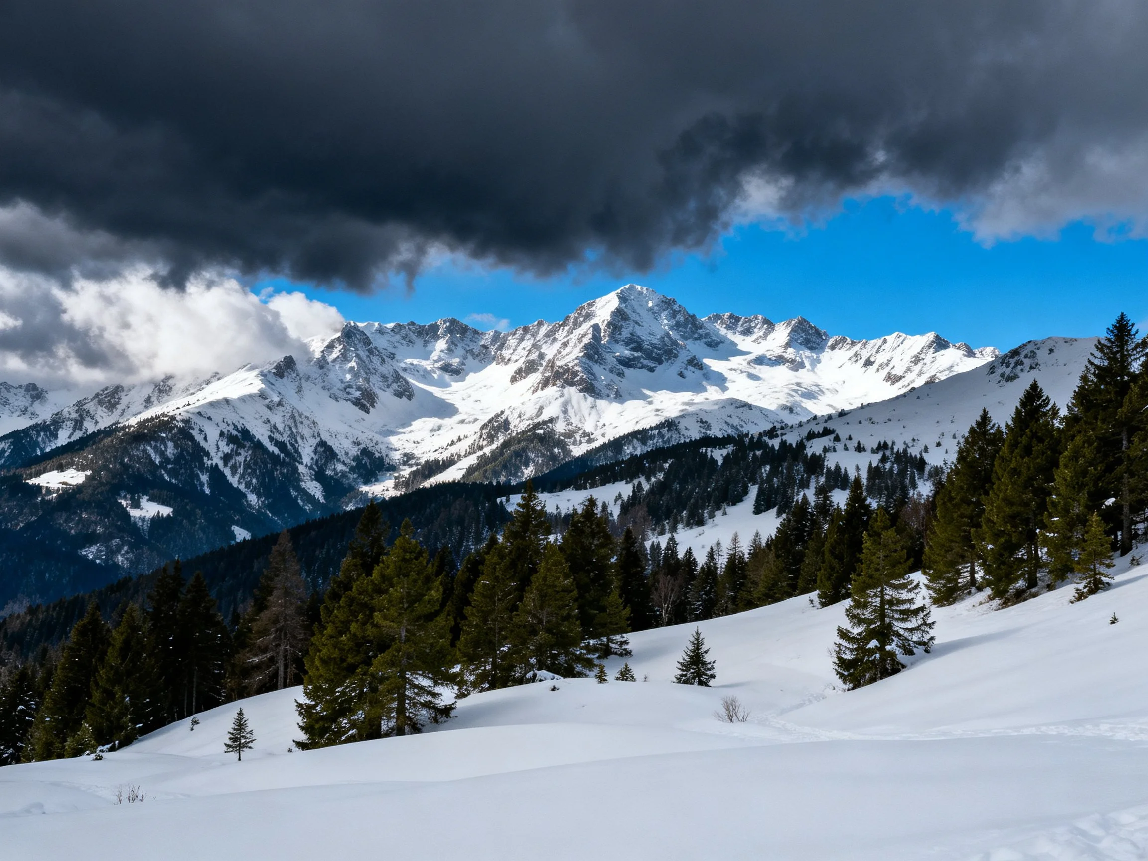 Snow - capped peaks with dark storm clouds and evergreen forests