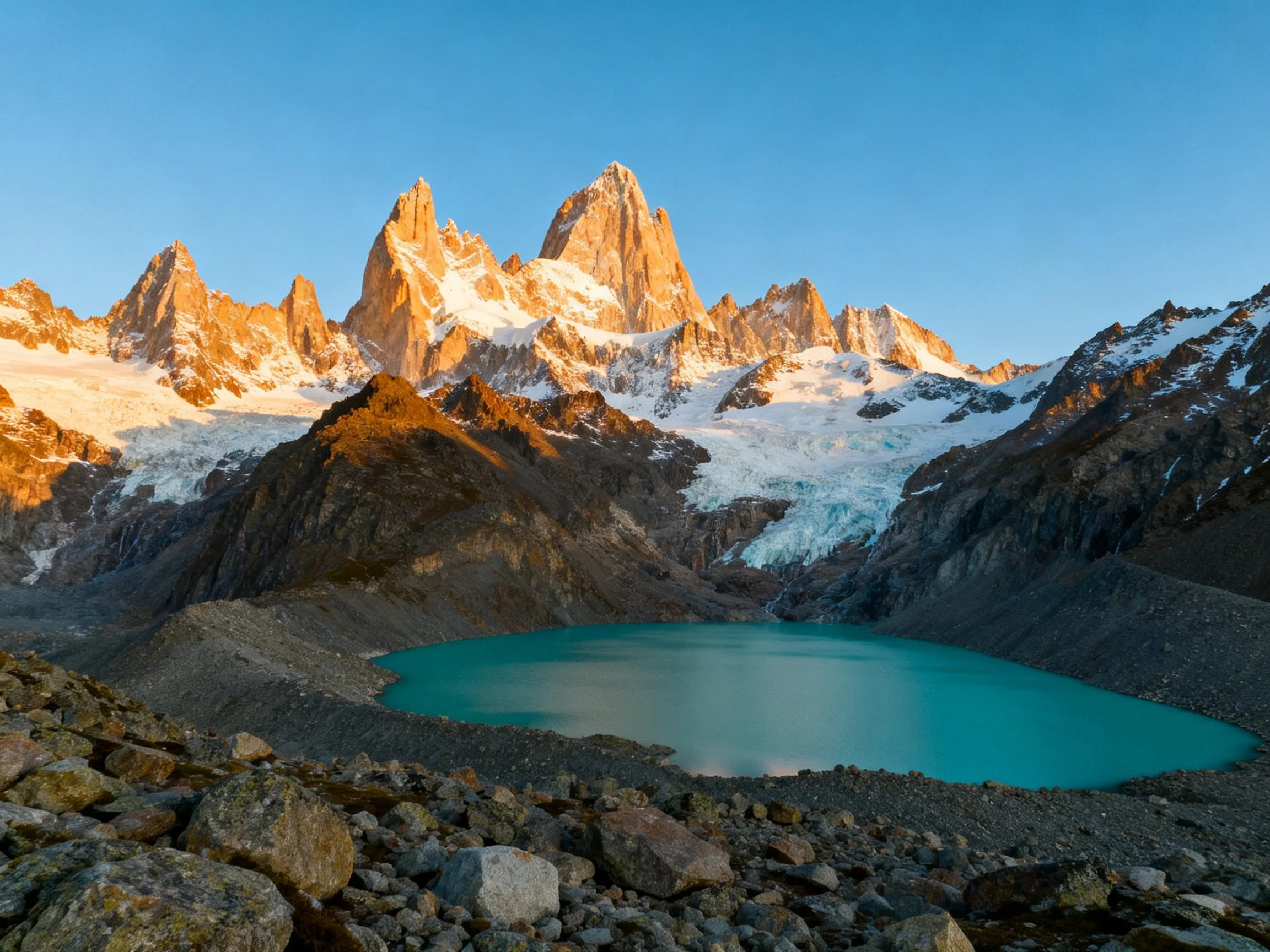 Snow-capped peaks with turquoise glacial lake and rocky foreground