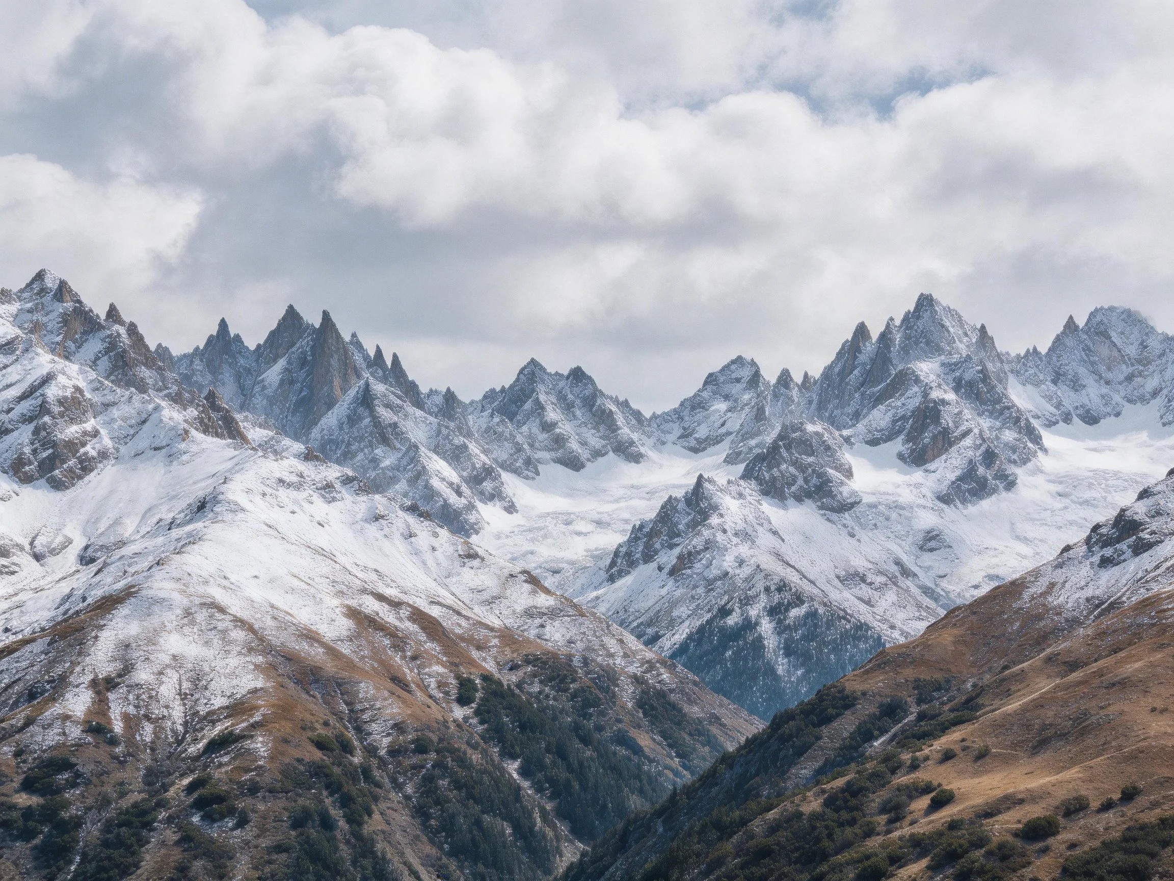 Snow-capped sharp mountain peaks under cloudy sky