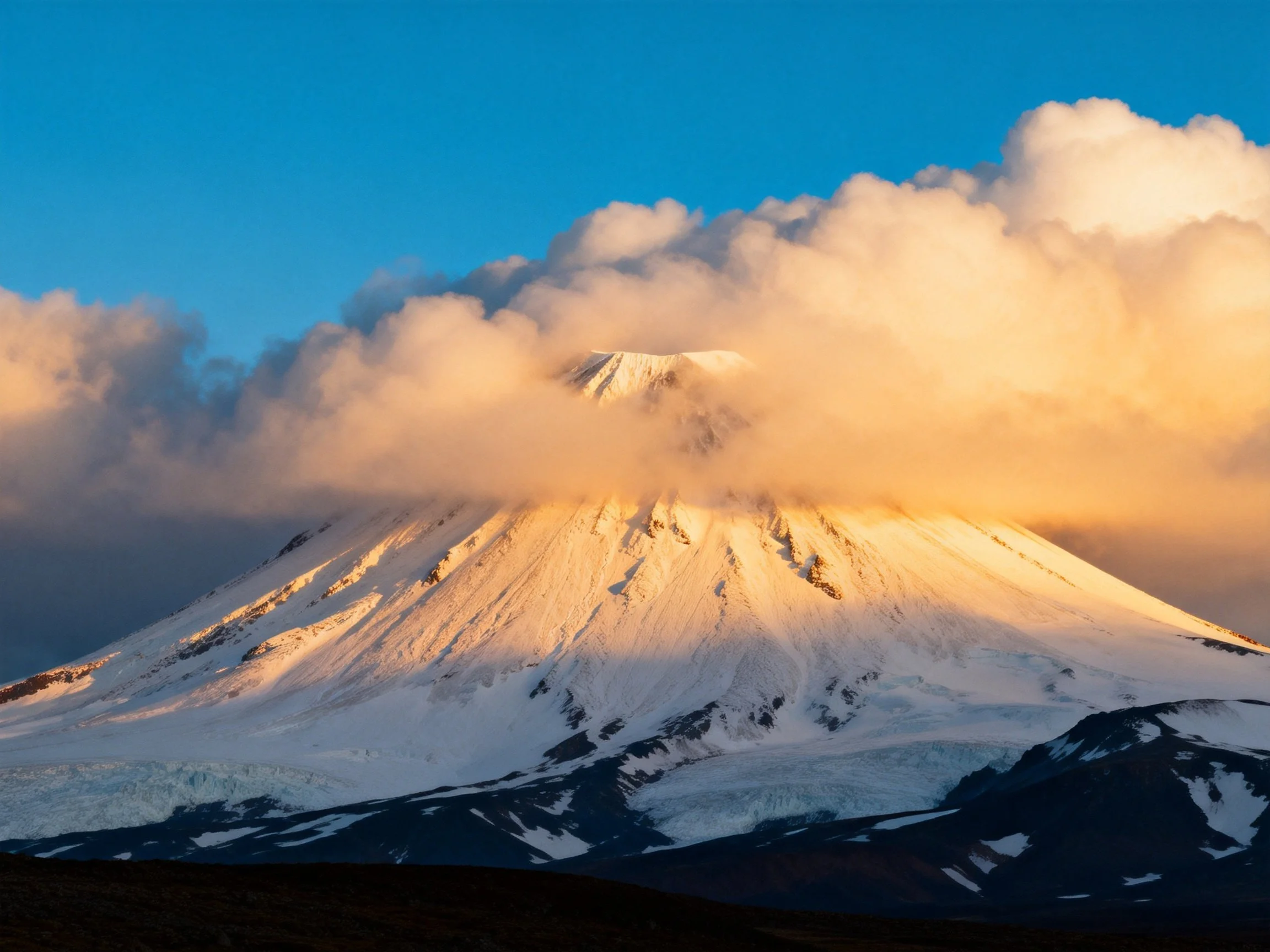 Snow-capped volcanic peak with golden cloud cover under blue sky