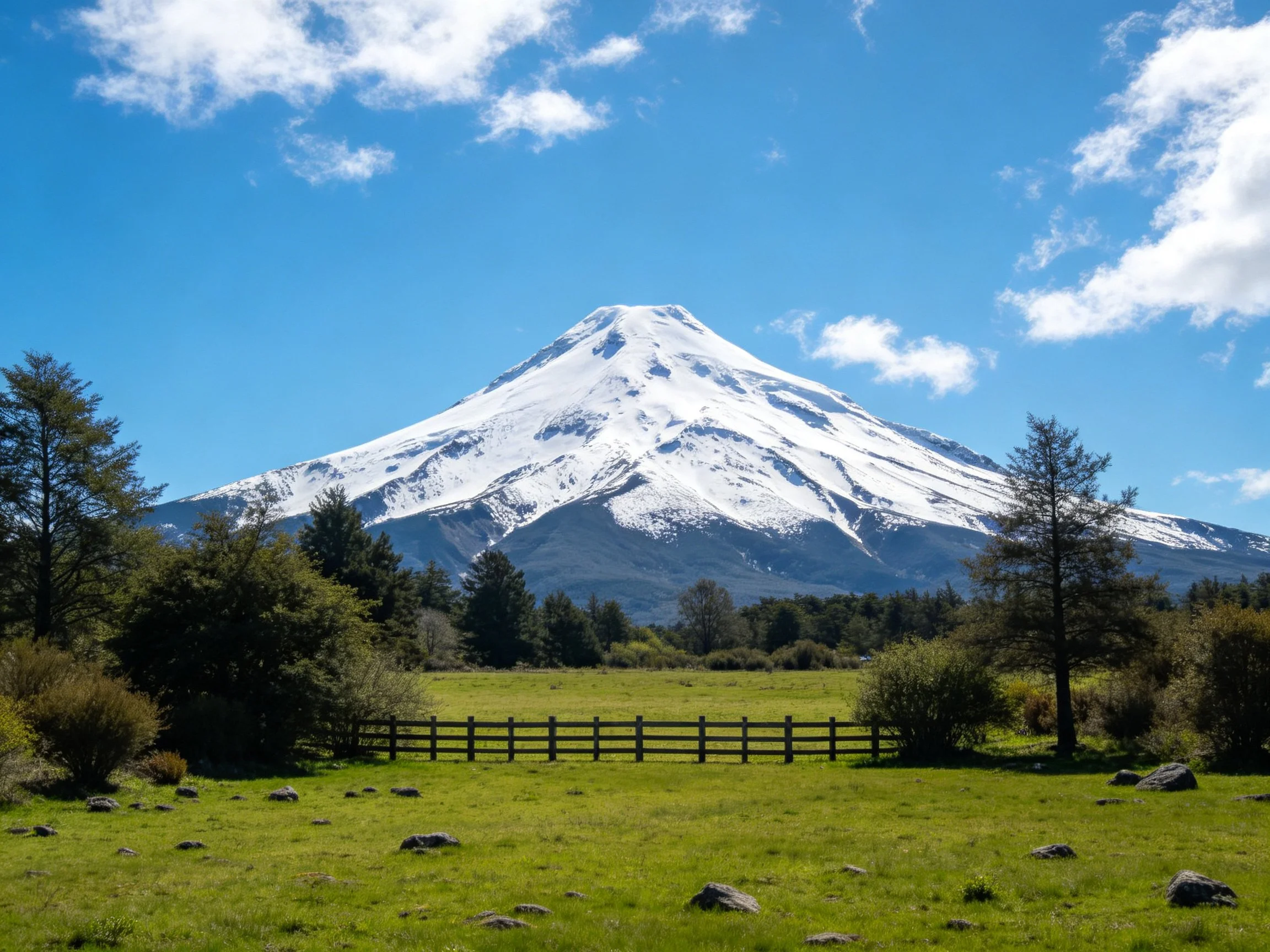 Snow-capped volcano towers over a fenced green meadow with scattered trees