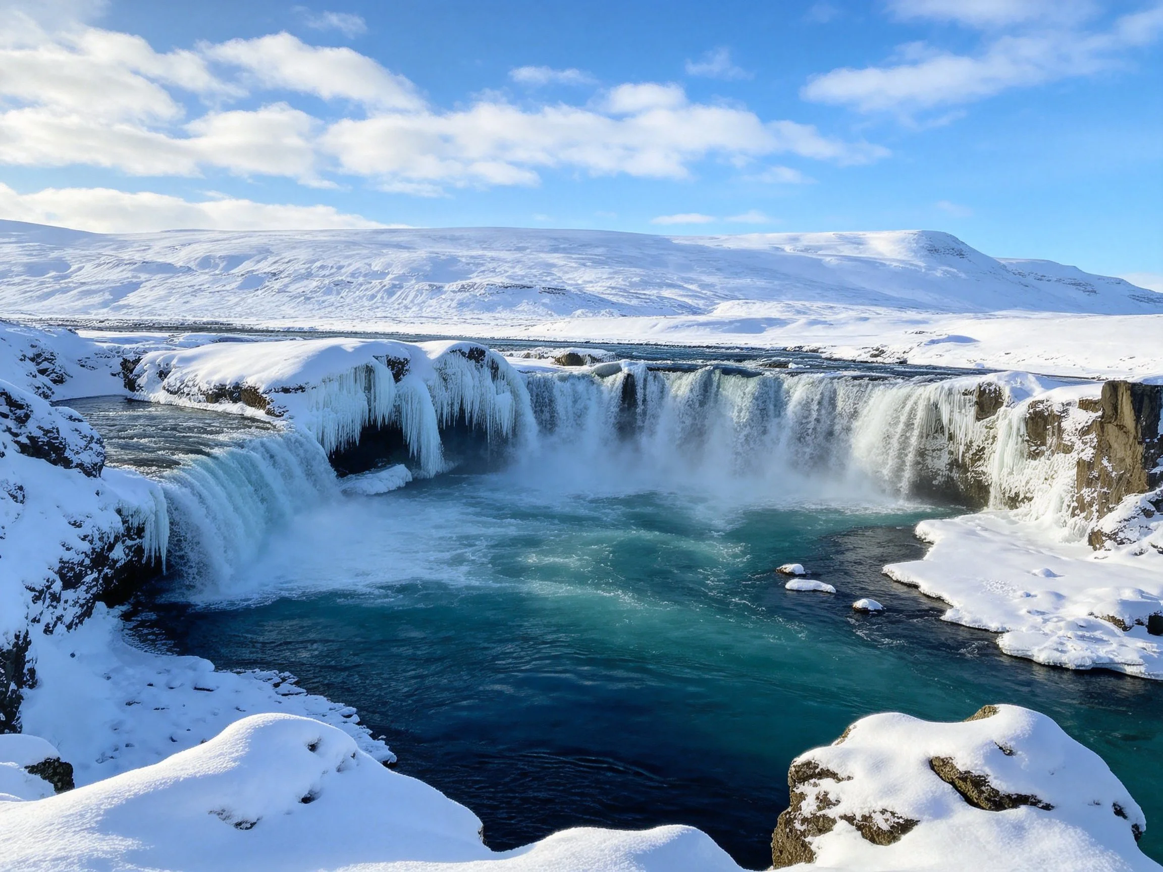 Snow-capped waterfall with icy formations and turquoise pool