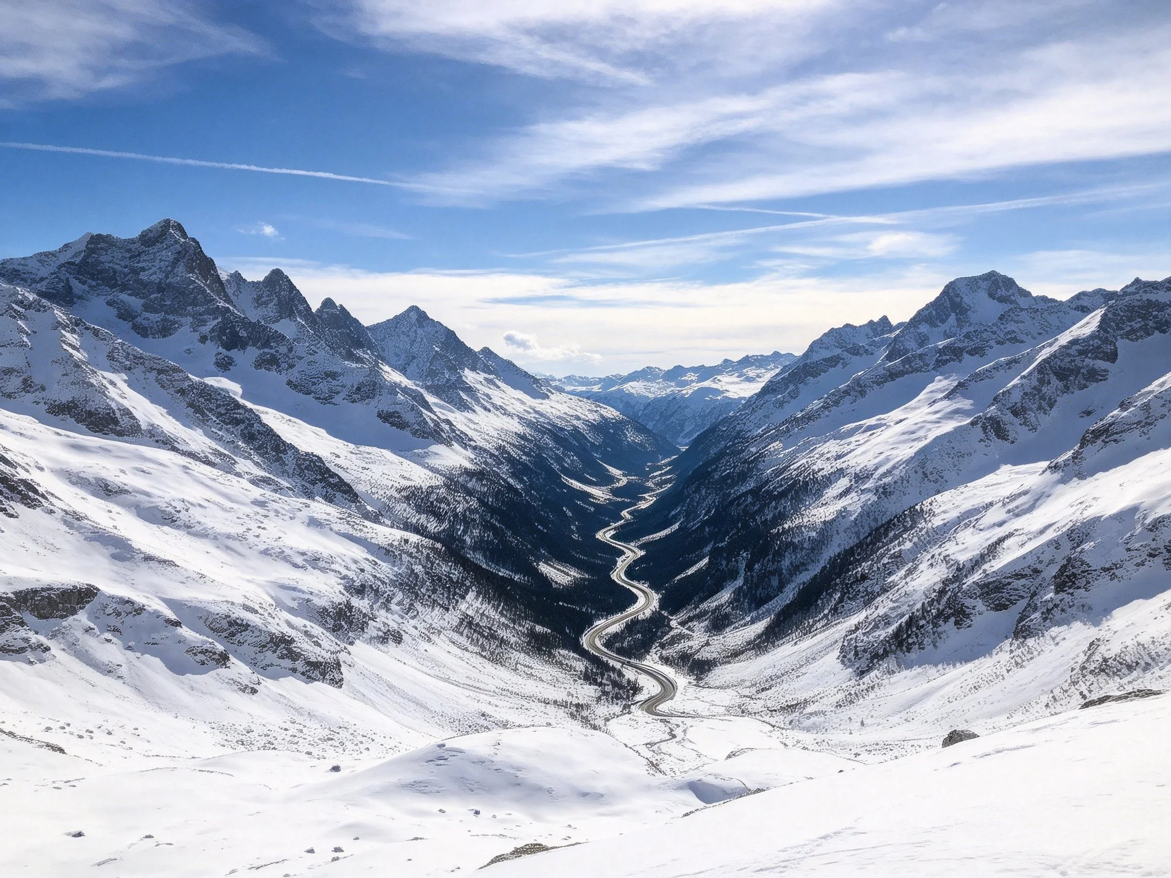 Snow-clad mountain peaks border a winding valley road