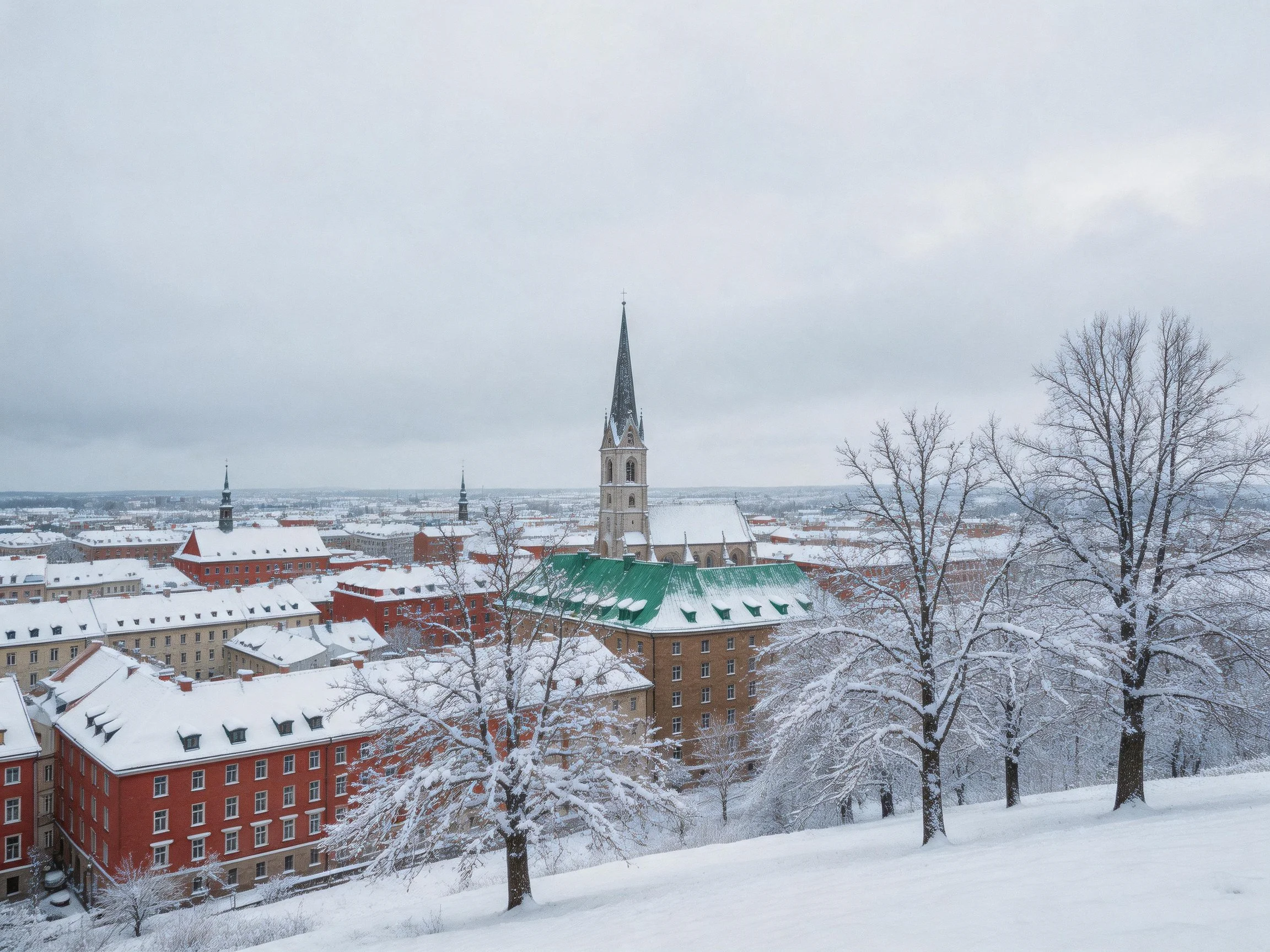 Snow-covered European town with red buildings and church tower