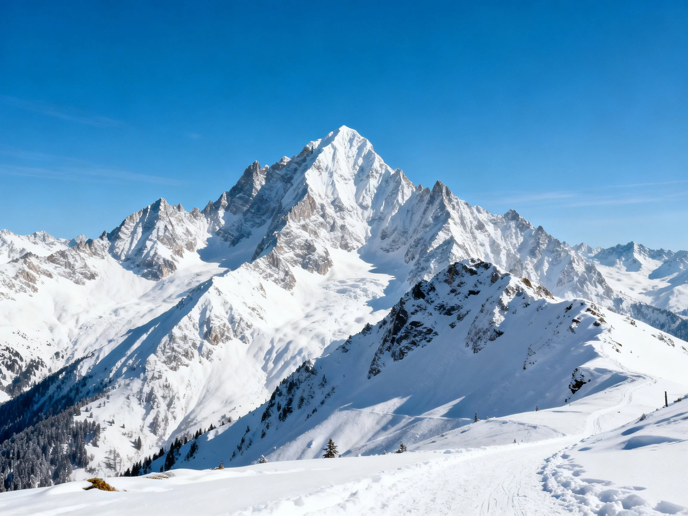 Snow - covered alpine mountains under clear blue sky