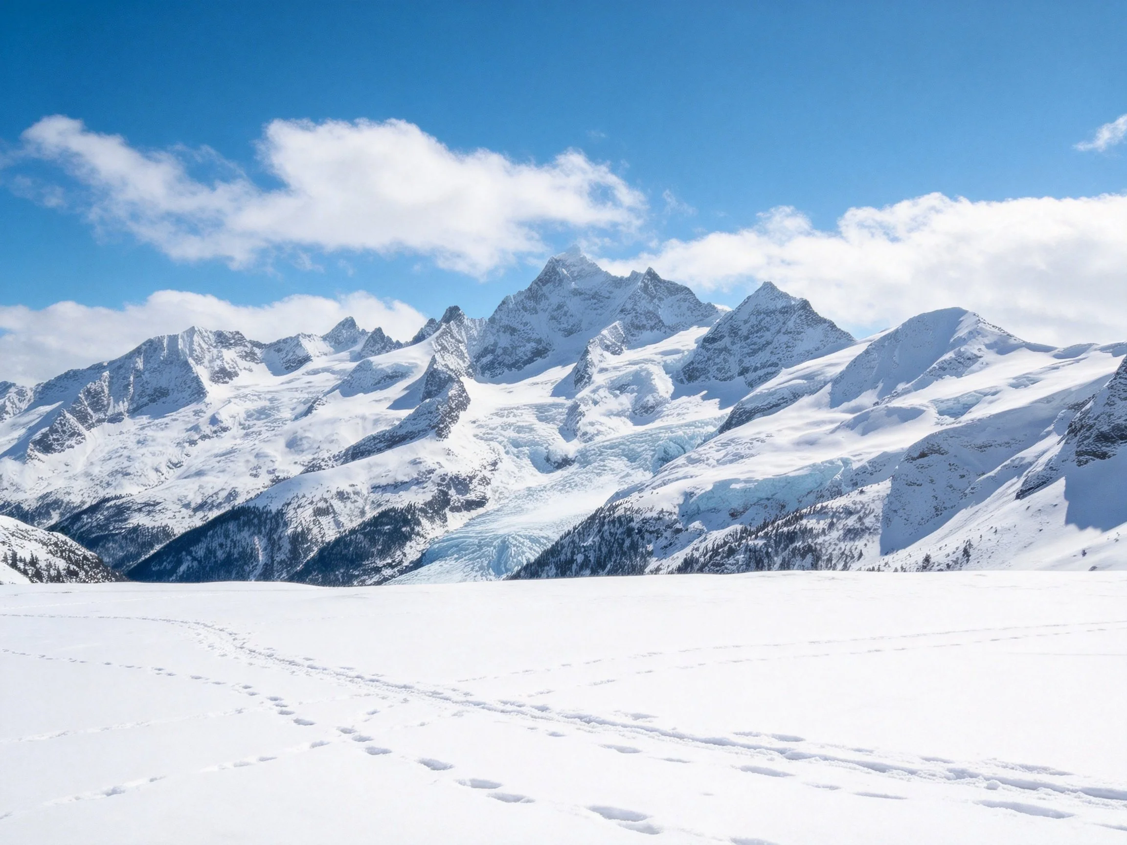 Snow-covered alpine mountains with bright blue sky and glaciers
