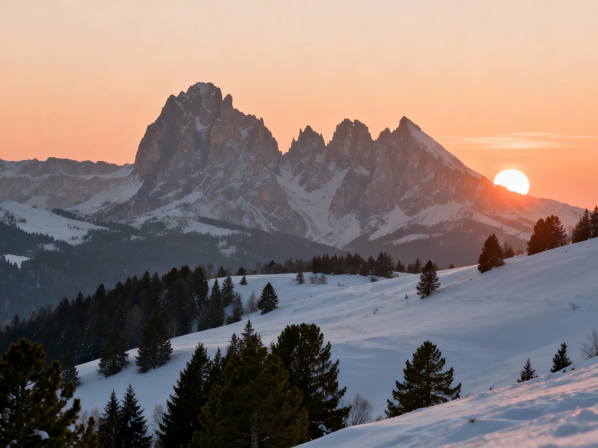 Snow-covered alpine peaks glowing at sunset
