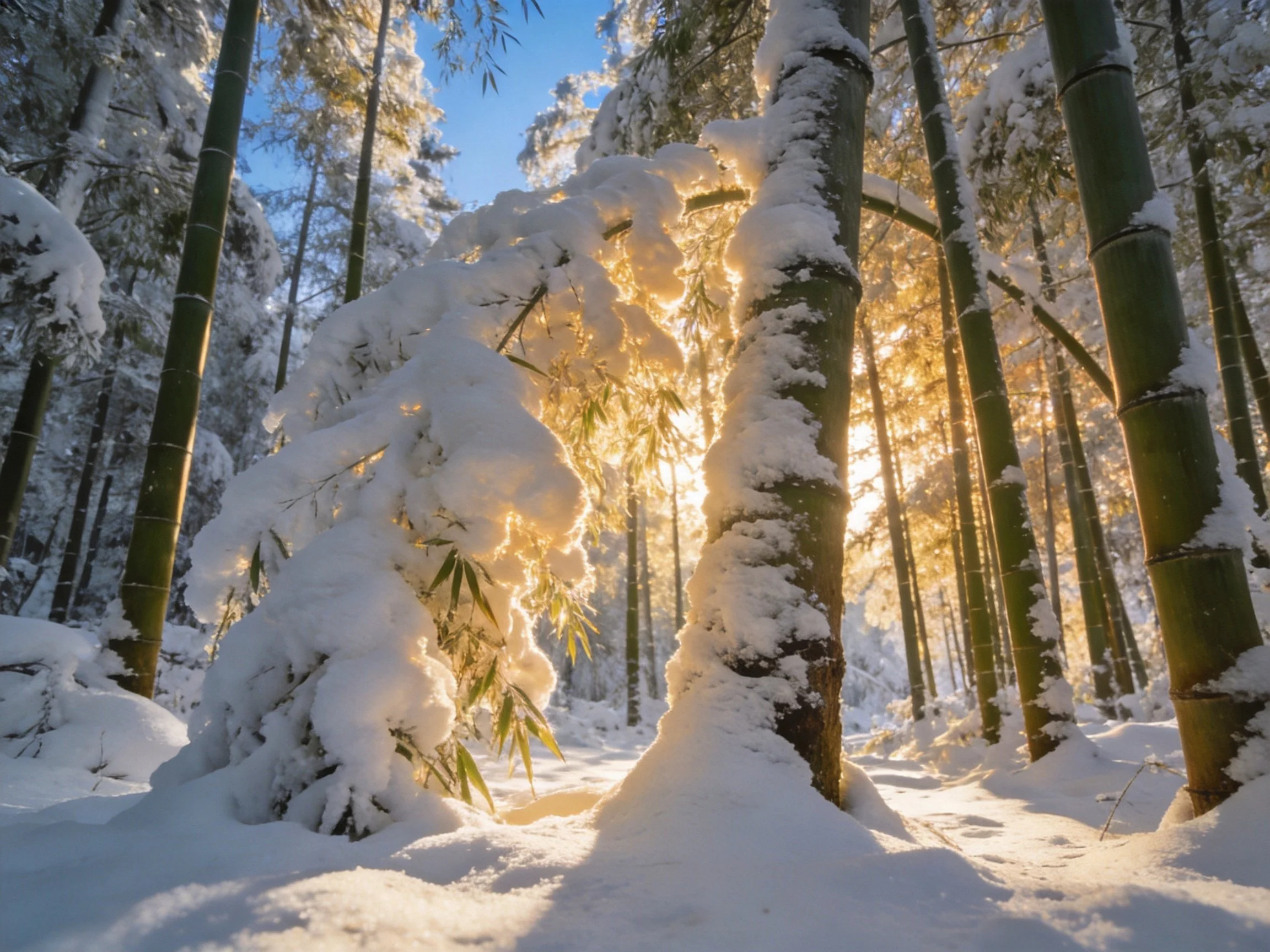 Snow-covered bamboo forest illuminated by golden sunlight