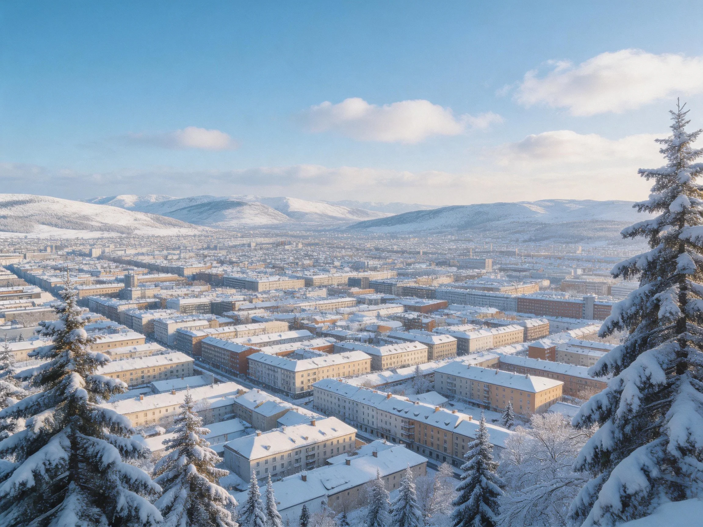 Snow-covered city with mountainous backdrop and evergreen trees