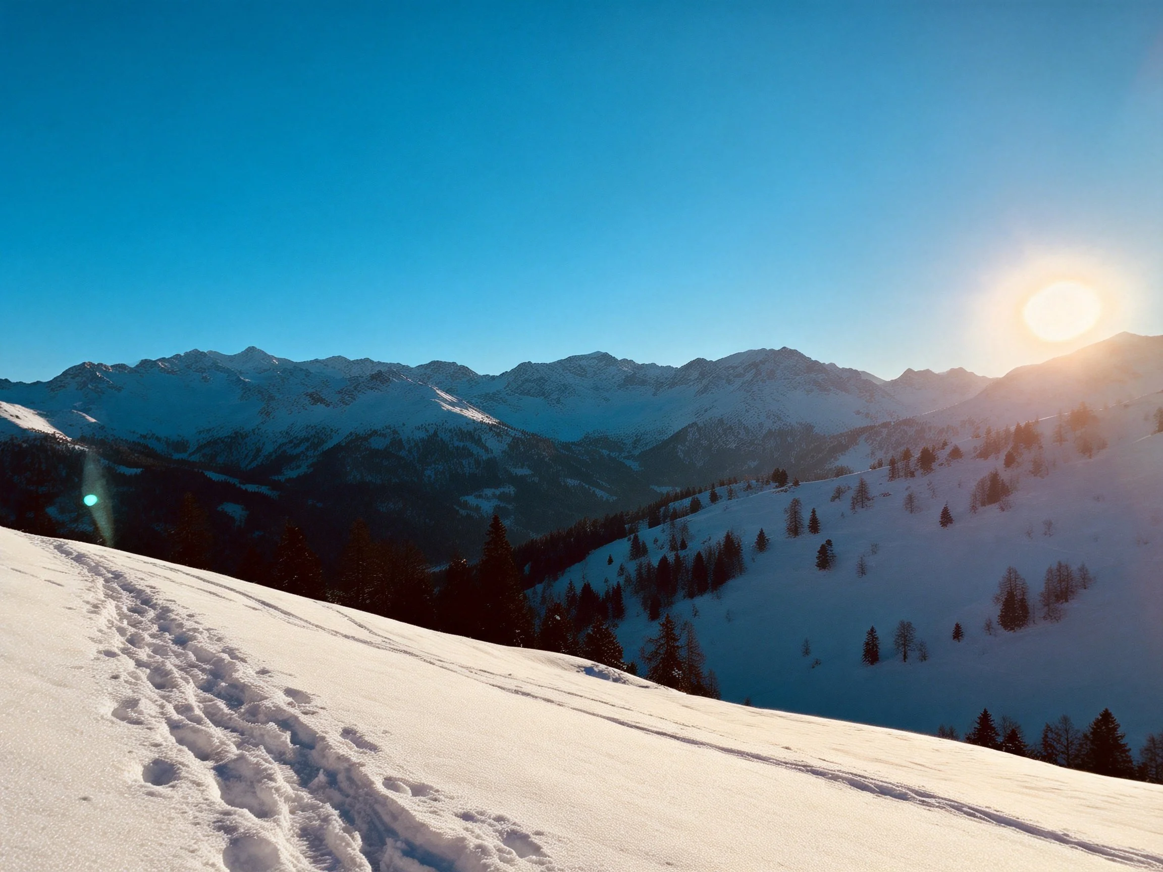Snow-covered covered mountain slope with footprints, scattered trees, and distant peaks under clear b