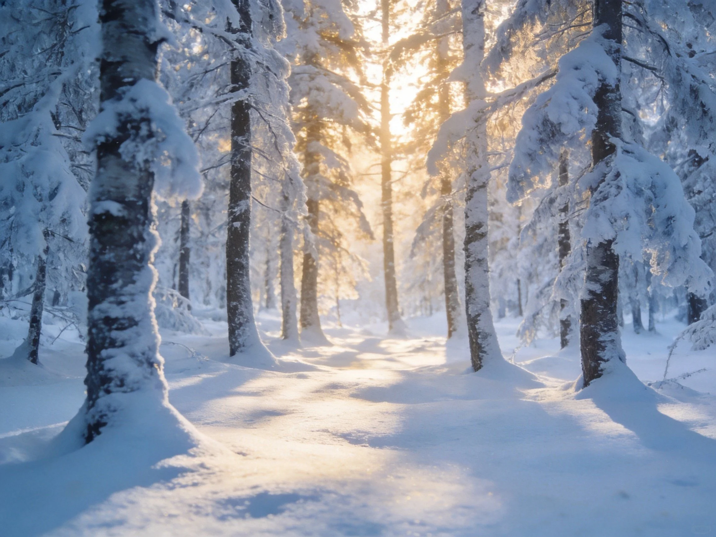 Snow-covered evergreen forest bathed in golden sunlight