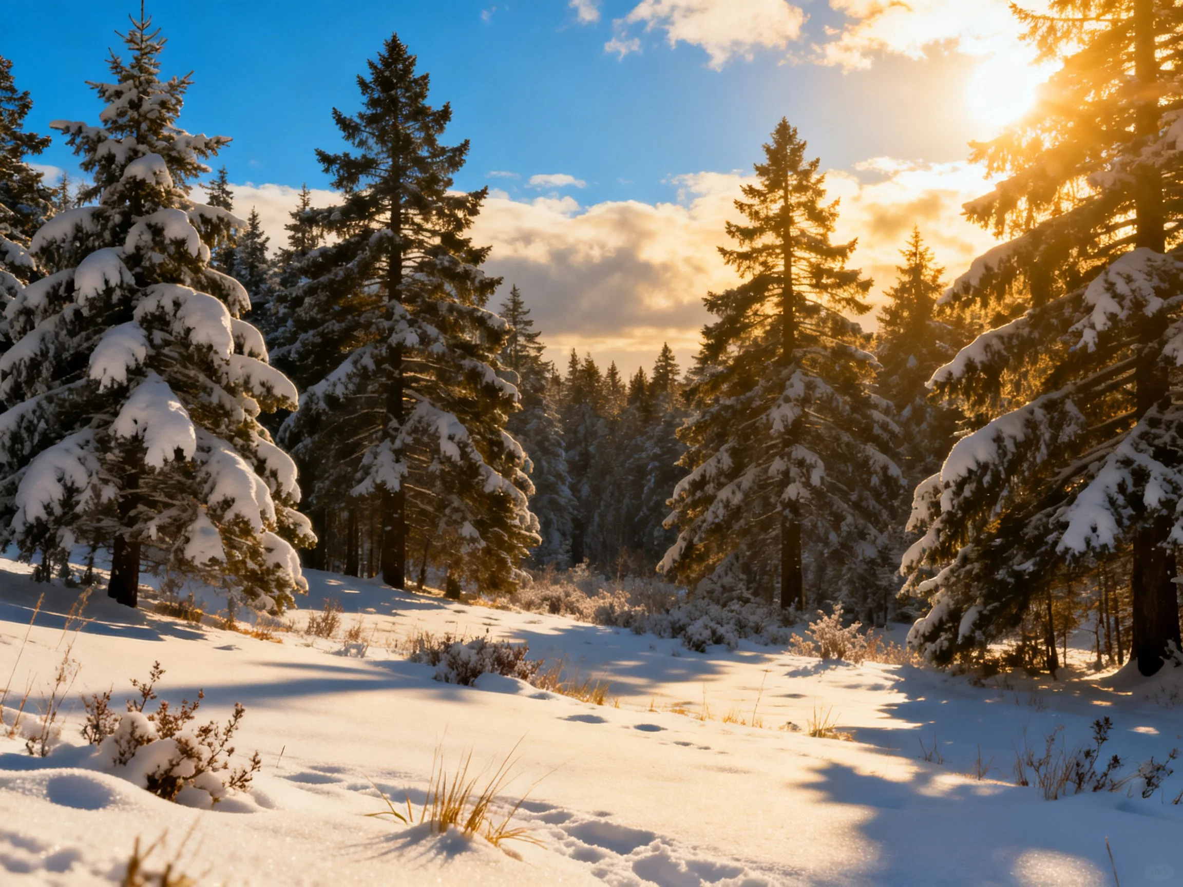 Snow-covered evergreen forest bathed in golden sunlight