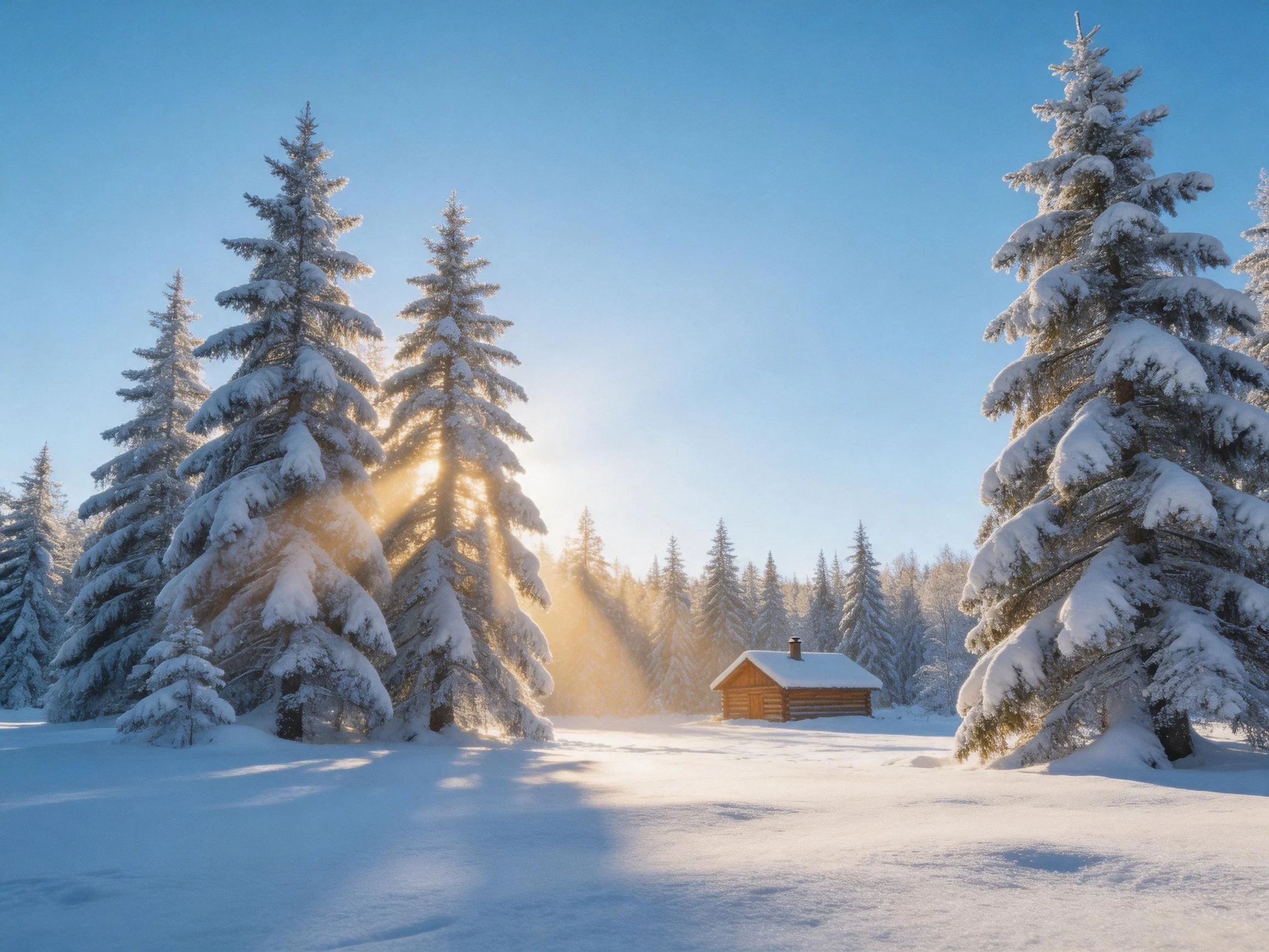 Snow-covered evergreen forest with a wooden cabin under golden sunlight