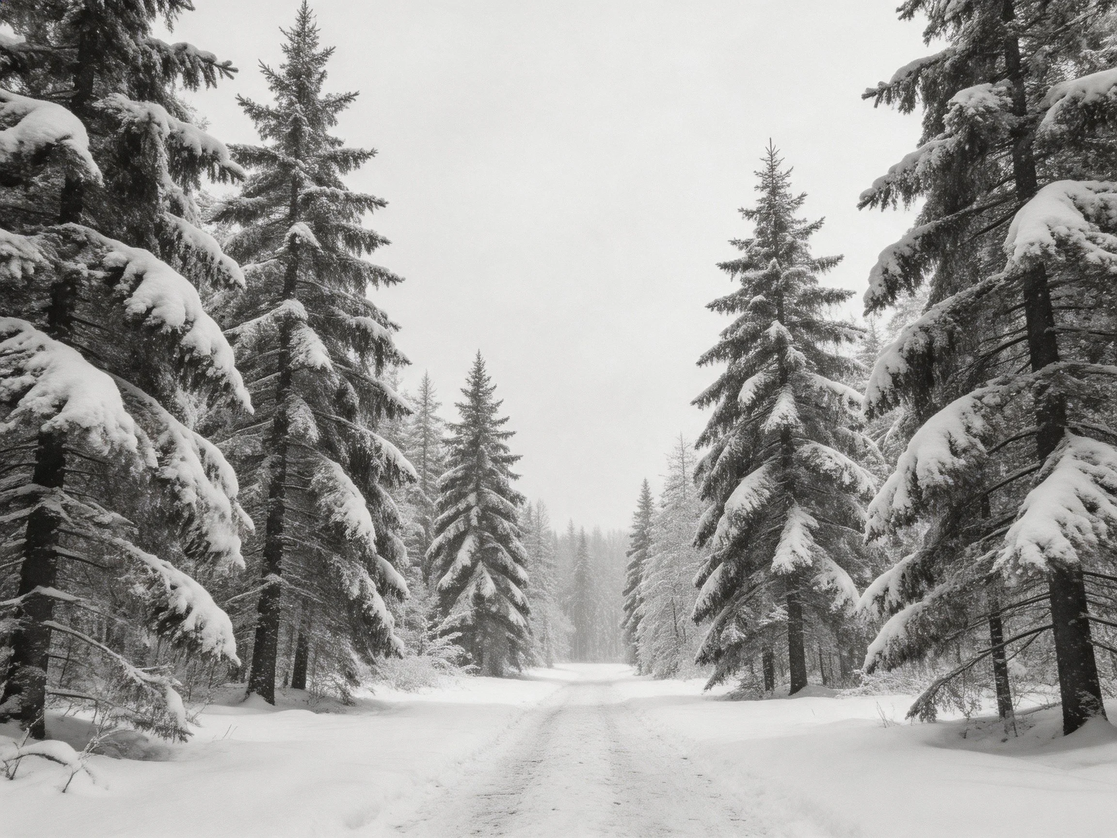 Snow-covered evergreen forest with central pathway through winter landscape