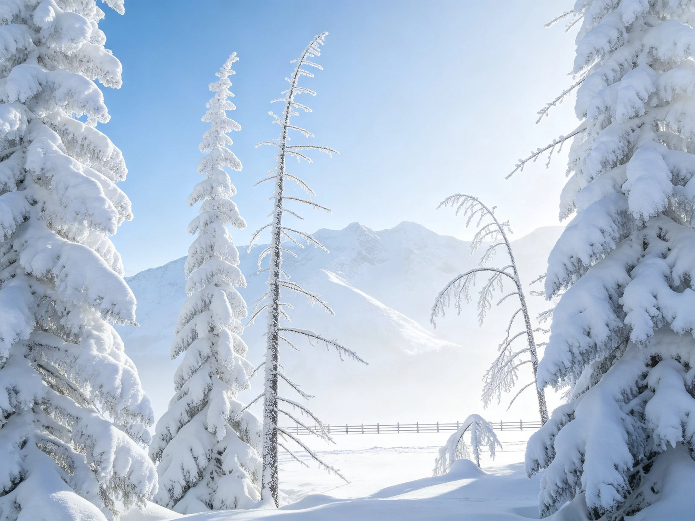 Snow-covered evergreen forest with mountainous backdrop under clear blue sky