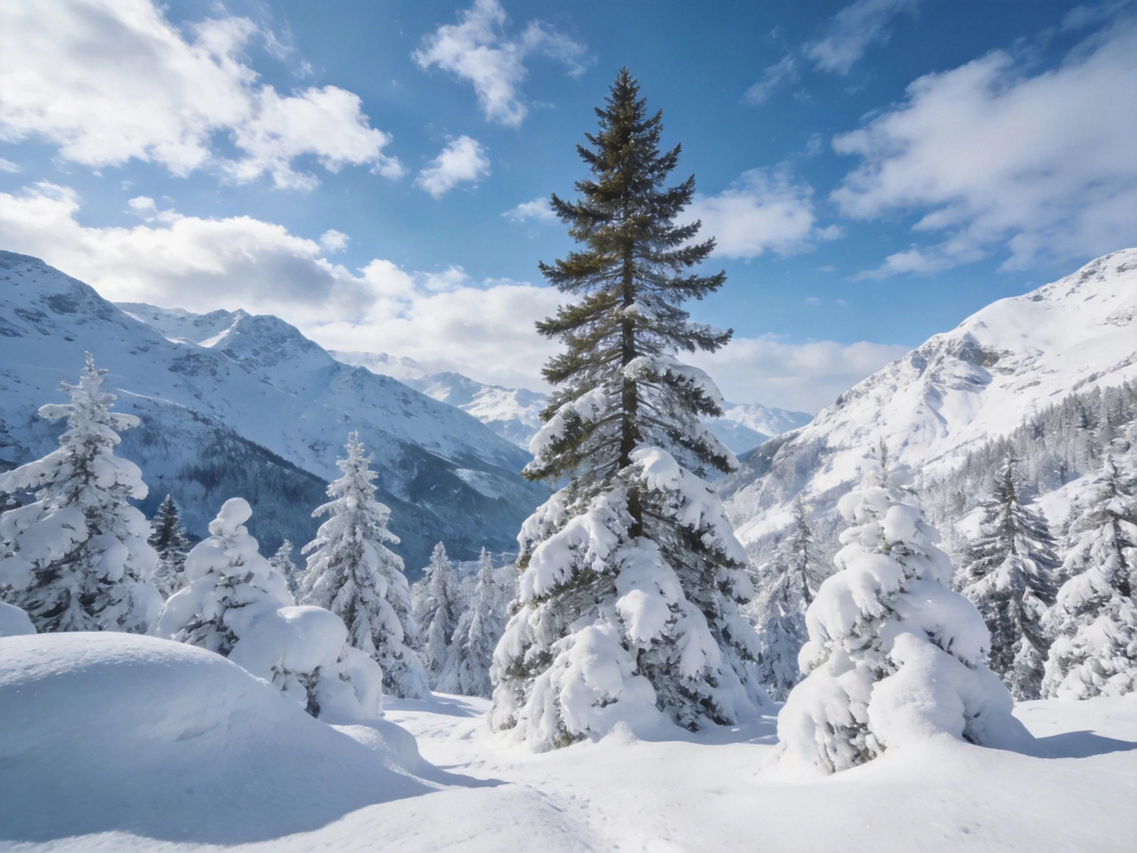 Snow-covered evergreen forest with towering mountains under bright blue sky