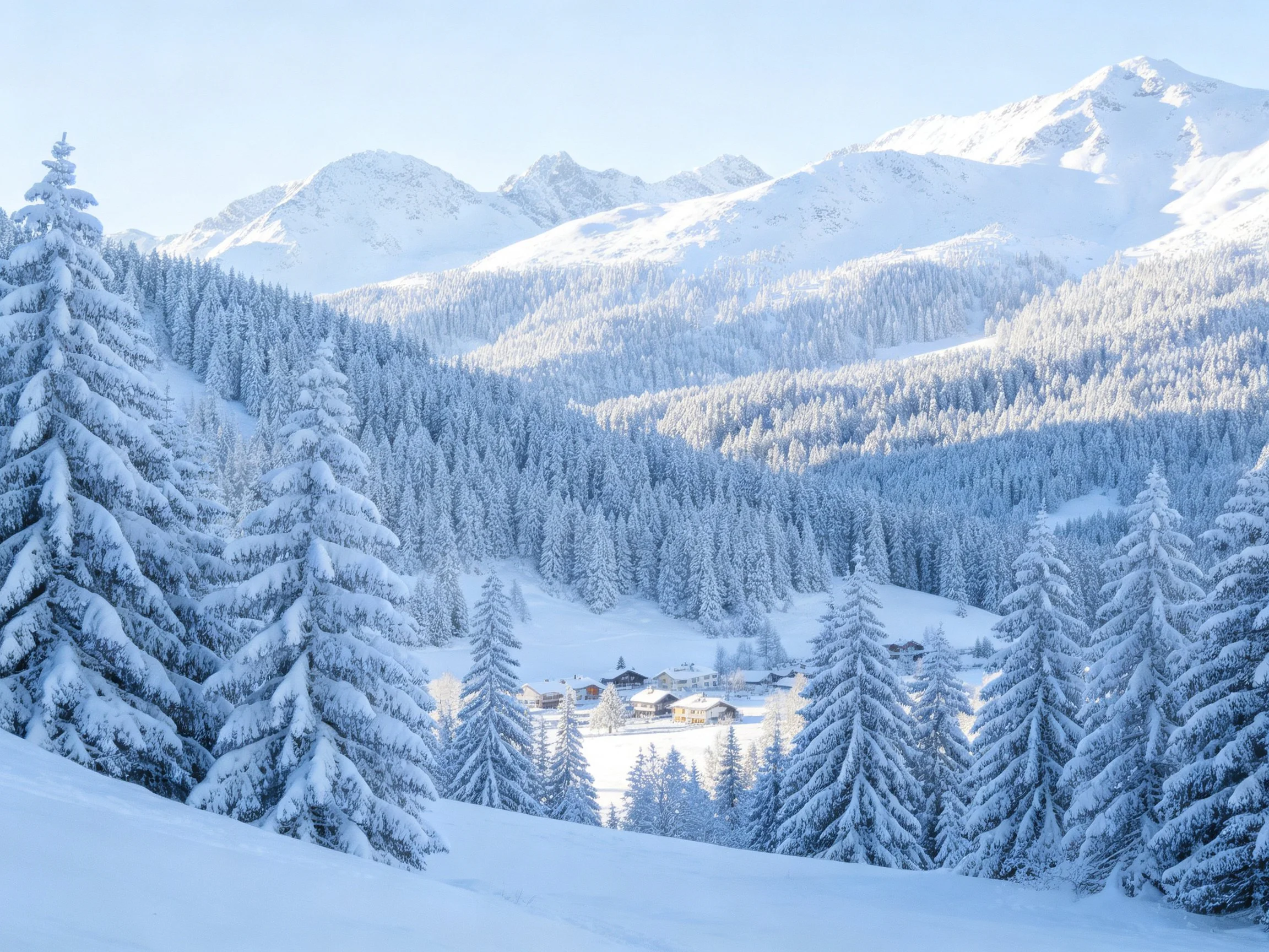 Snow-covered evergreen forests surround a mountainous village
