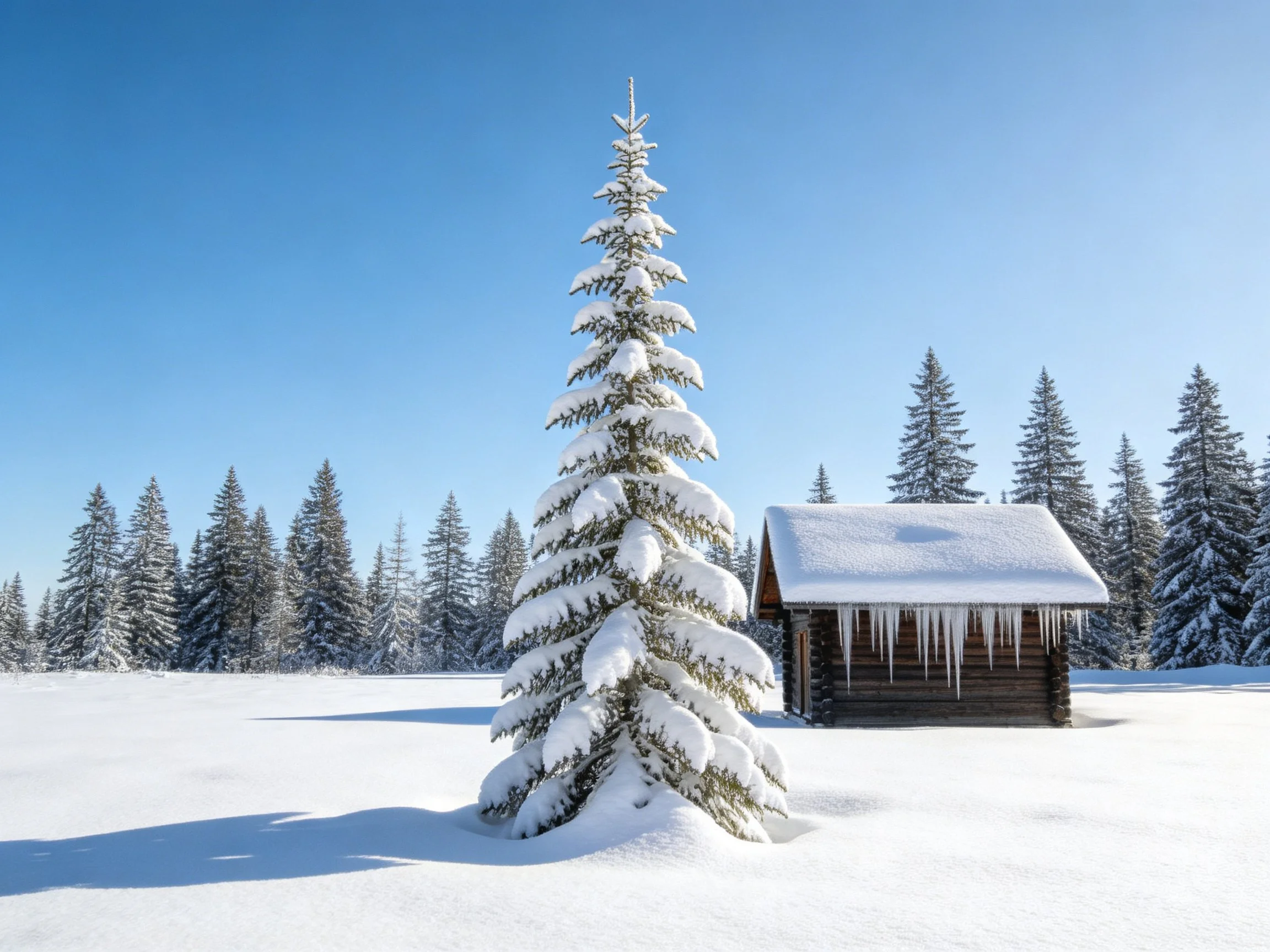 Snow-covered evergreen tree near wooden cabin under clear blue sky