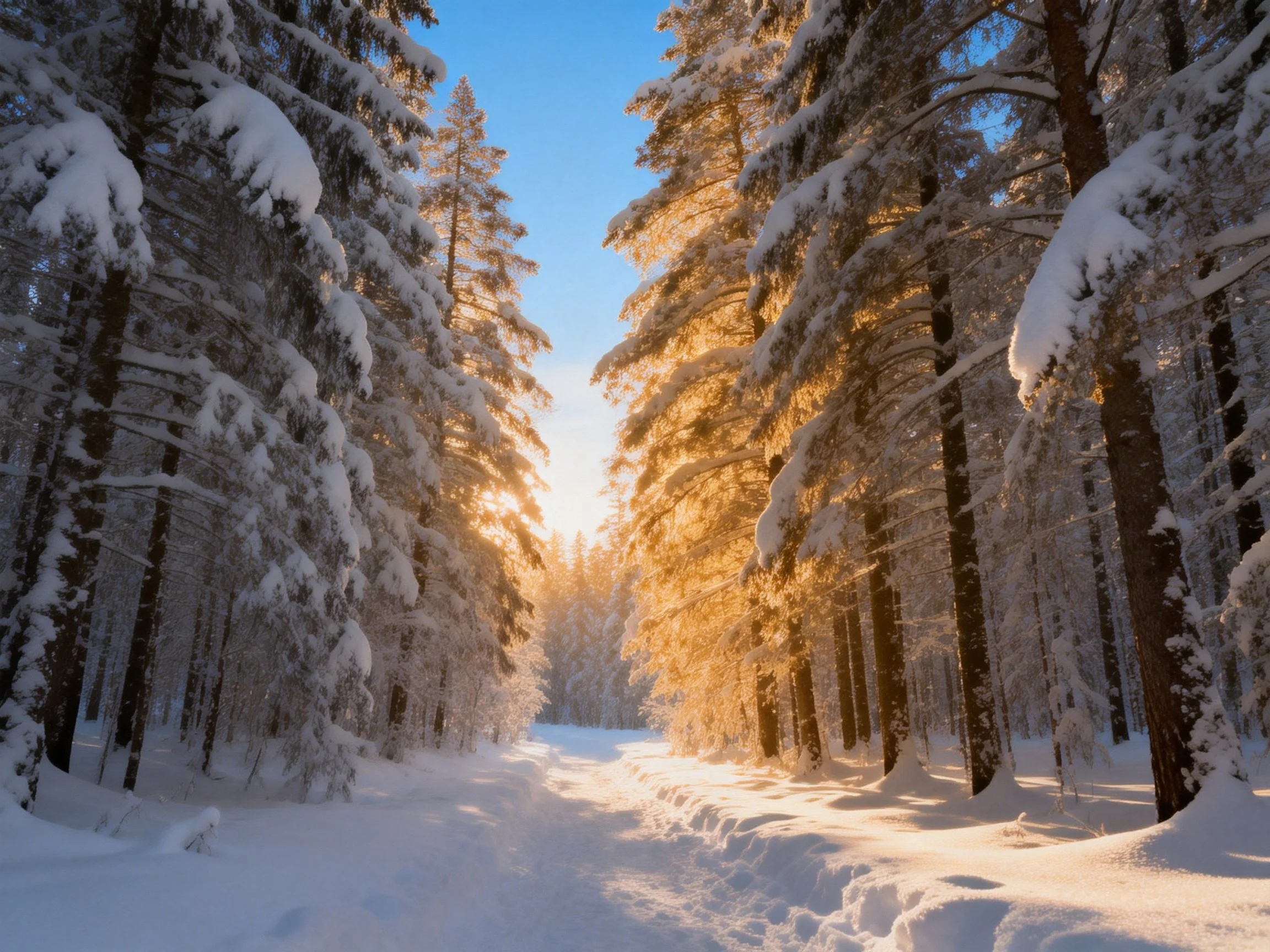 Snow-covered evergreen trees frame a sunlit winter forest path