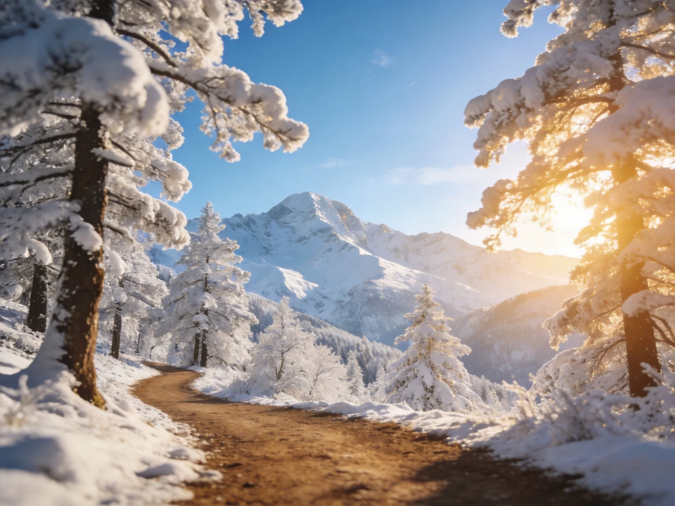 Snow-covered evergreen trees frame a winding dirt path toward distant mountains