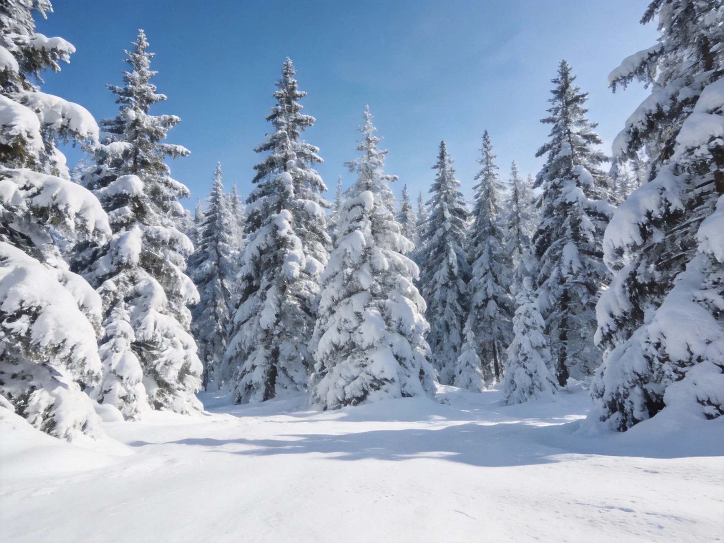 Snow-covered evergreen trees in a bright winter forest