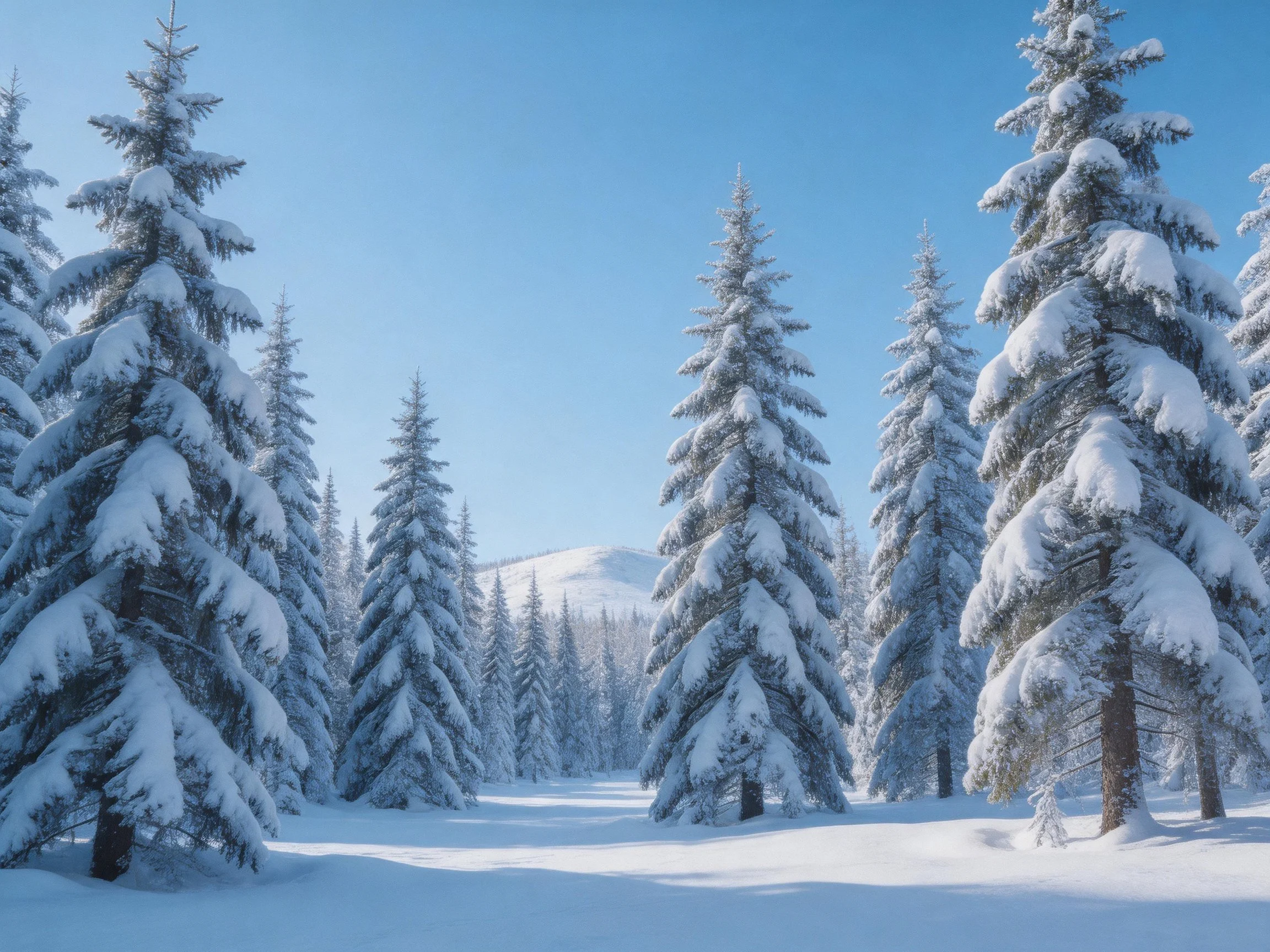 Snow-covered evergreen trees in a bright winter landscape