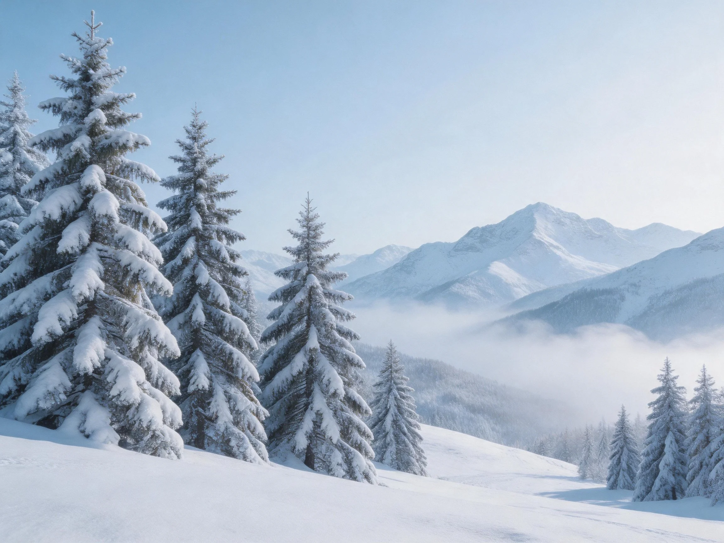 Snow-covered evergreen trees near misty mountain peaks