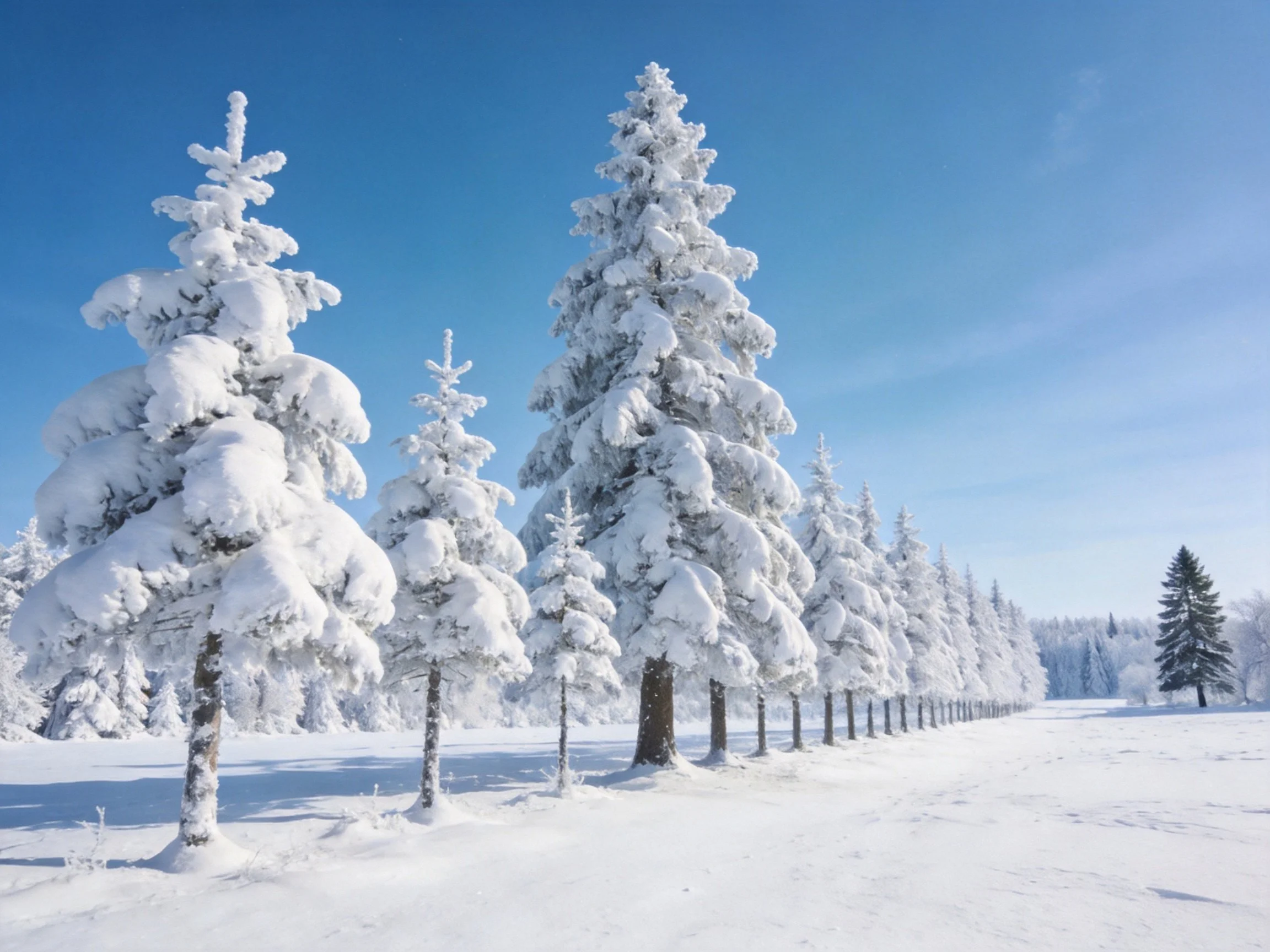 Snow-covered evergreen trees stand in a row under a clear blue sky