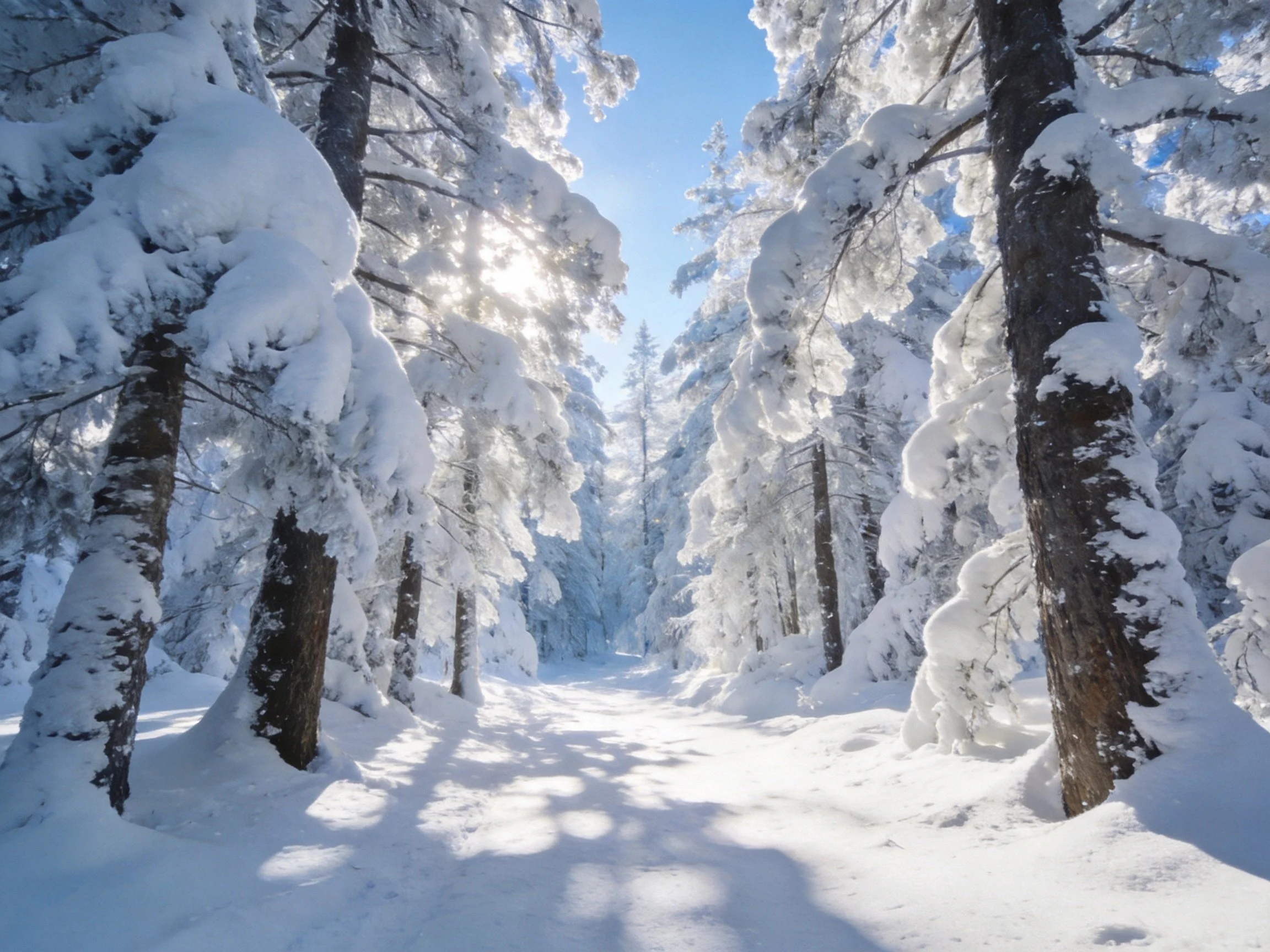 Snow-covered evergreen trees surround a sunlit pathway in a wintry forest