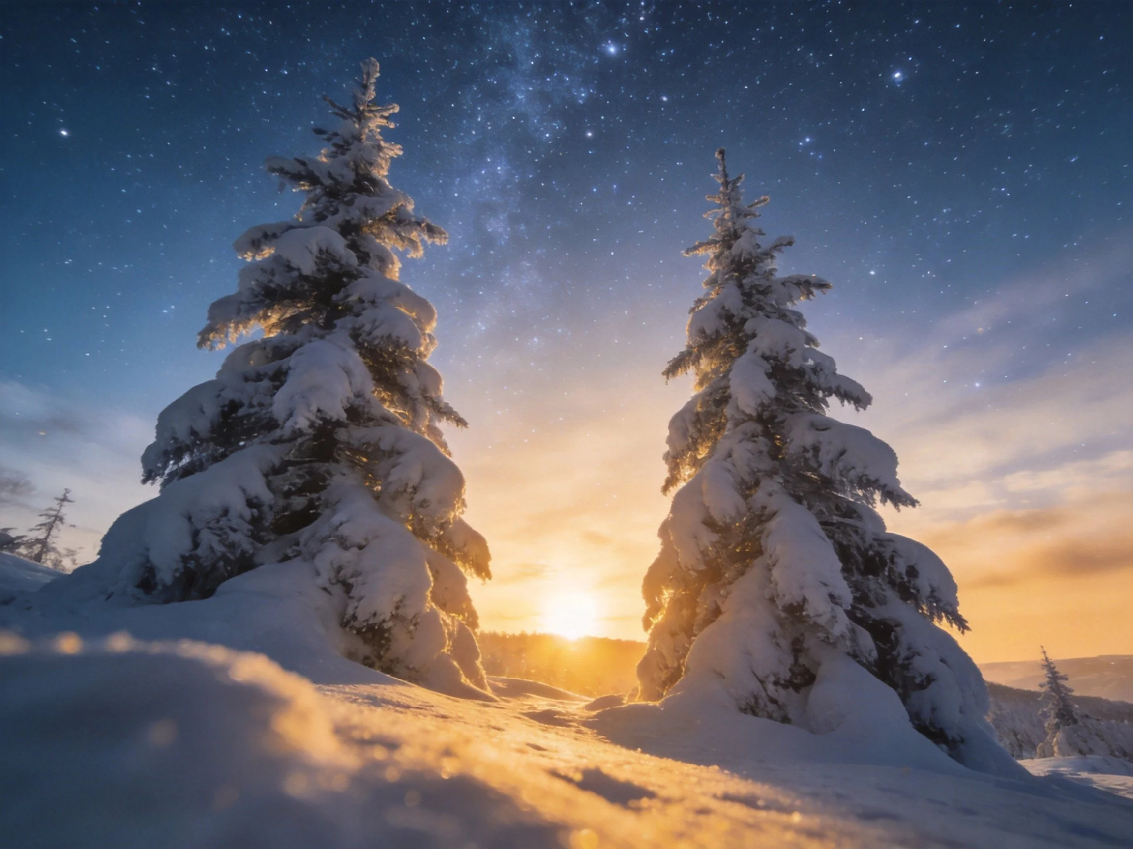 Snow-covered evergreen trees under starry night with golden dawn light
