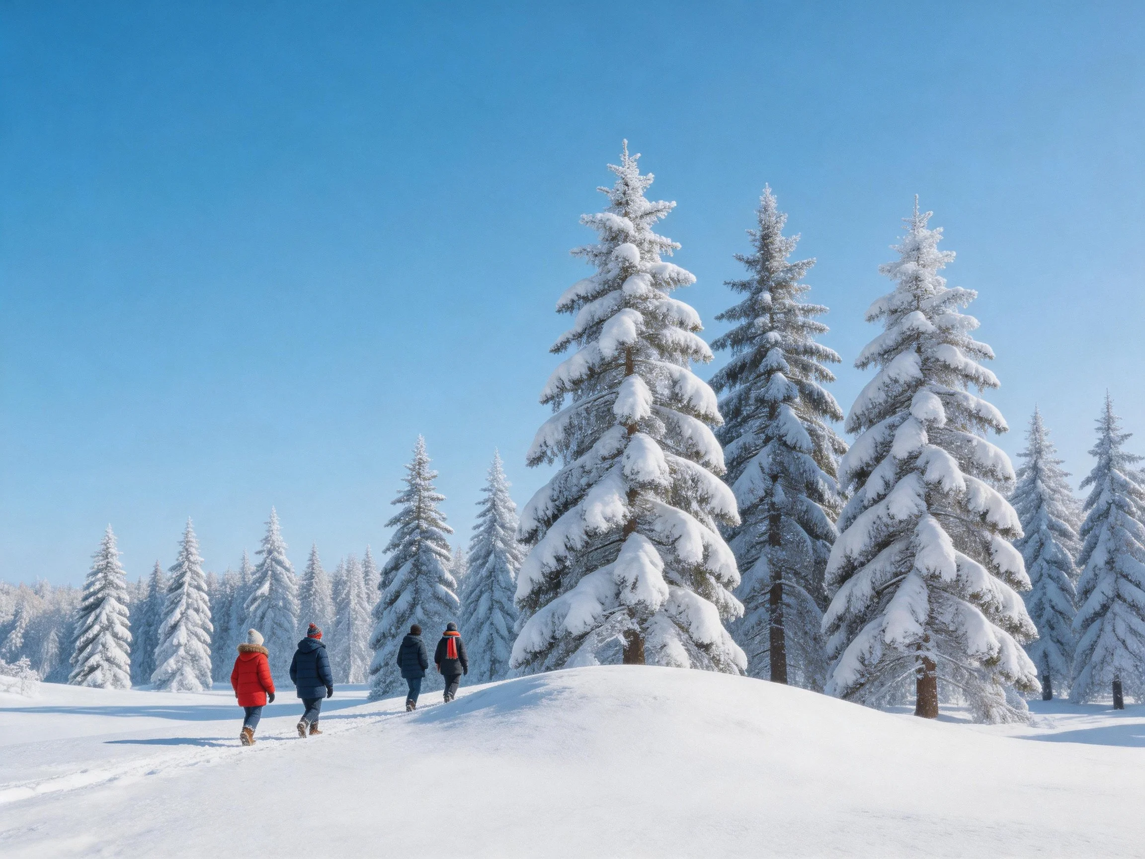 Snow - covered evergreen trees with four walkers under clear blue sky