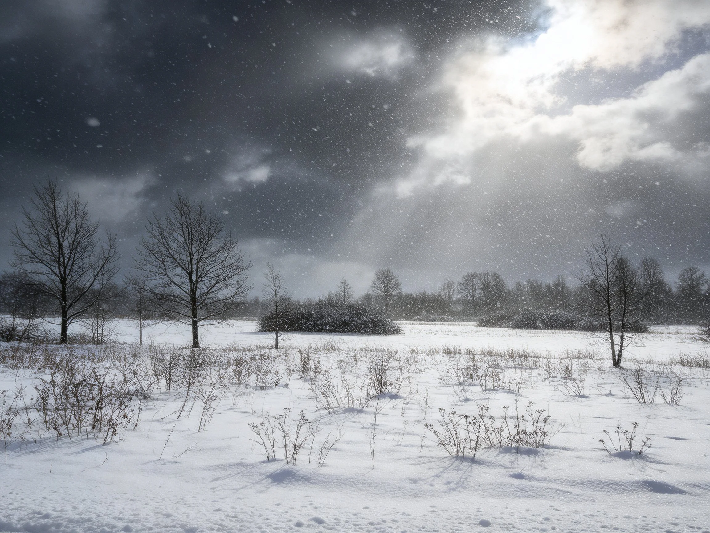 Snow-covered field with bare trees amid dramatic stormy skies