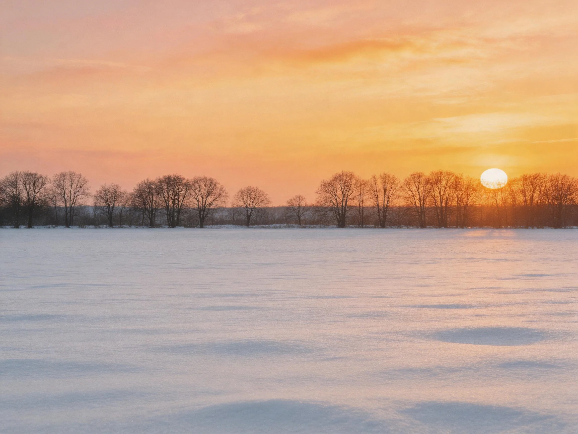 Snow-covered field with bare trees under an orange-hued sunset