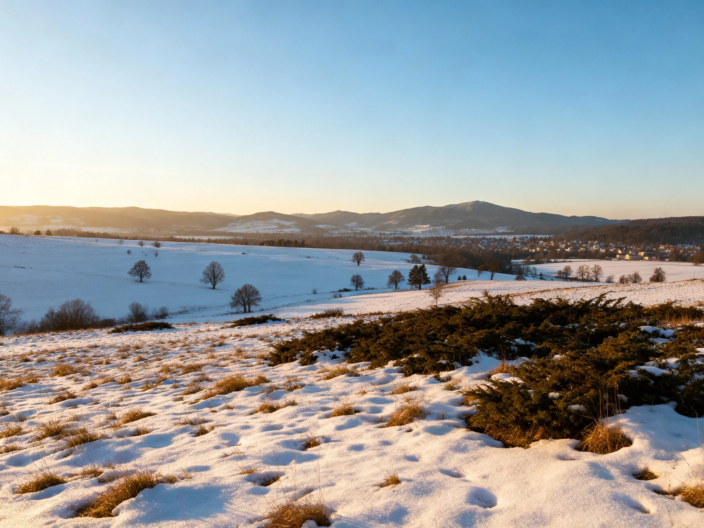 Snow-covered fields, scattered trees, and mountain backdrop