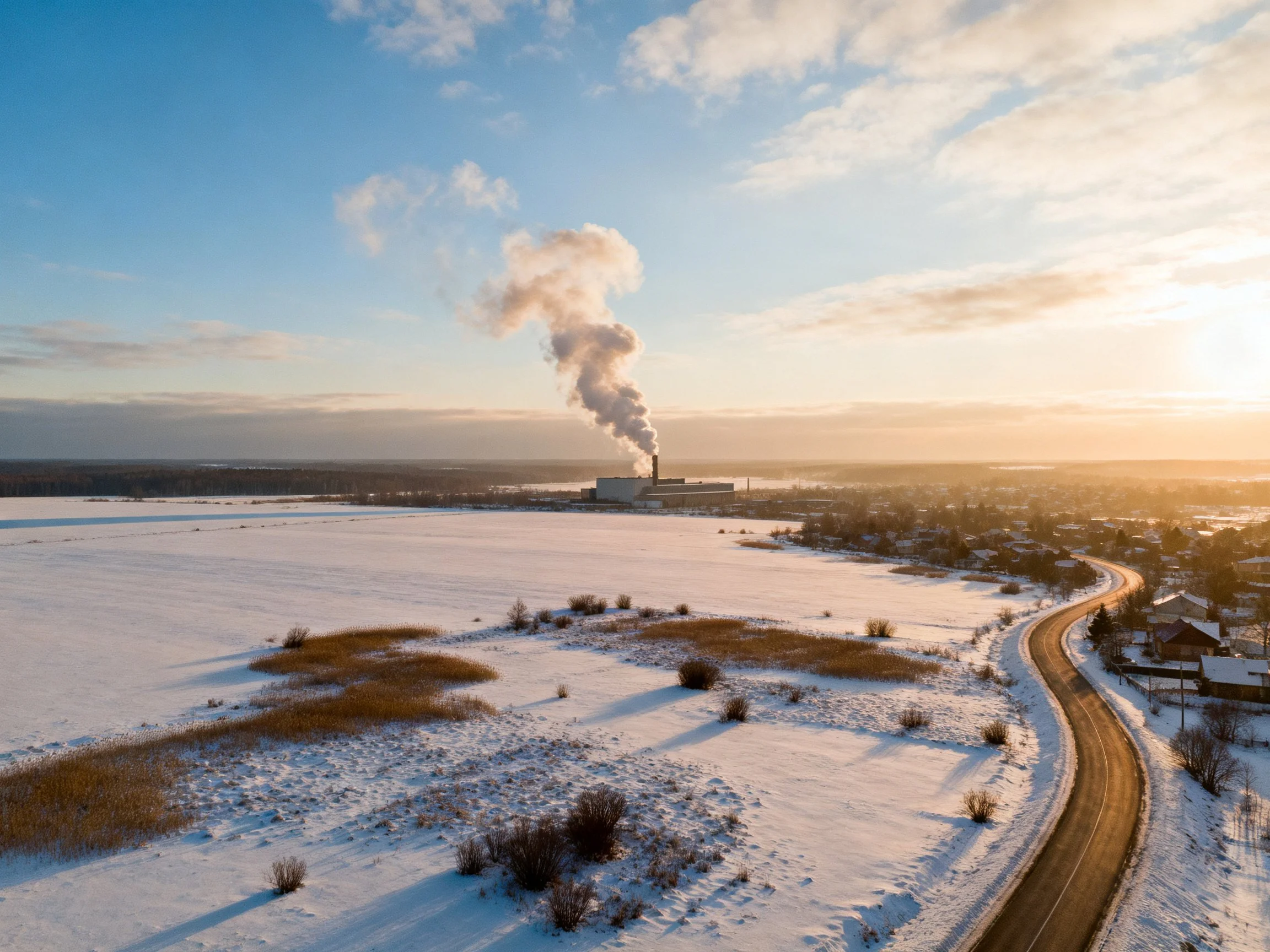 Snow-covered fields, winding road, and industrial plant under golden sky