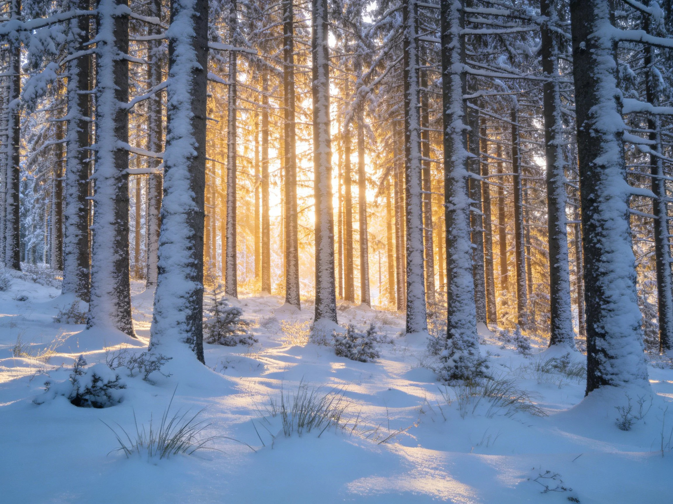 Snow-covered forest bathed in golden sunlight