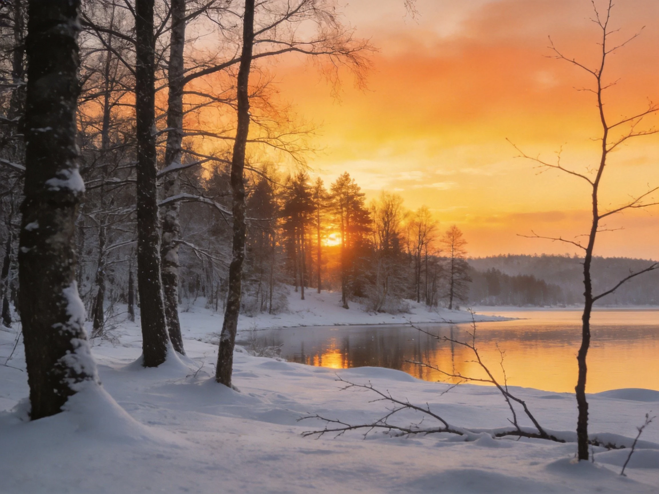 Snow-covered forest edge by calm lake under glowing sunset