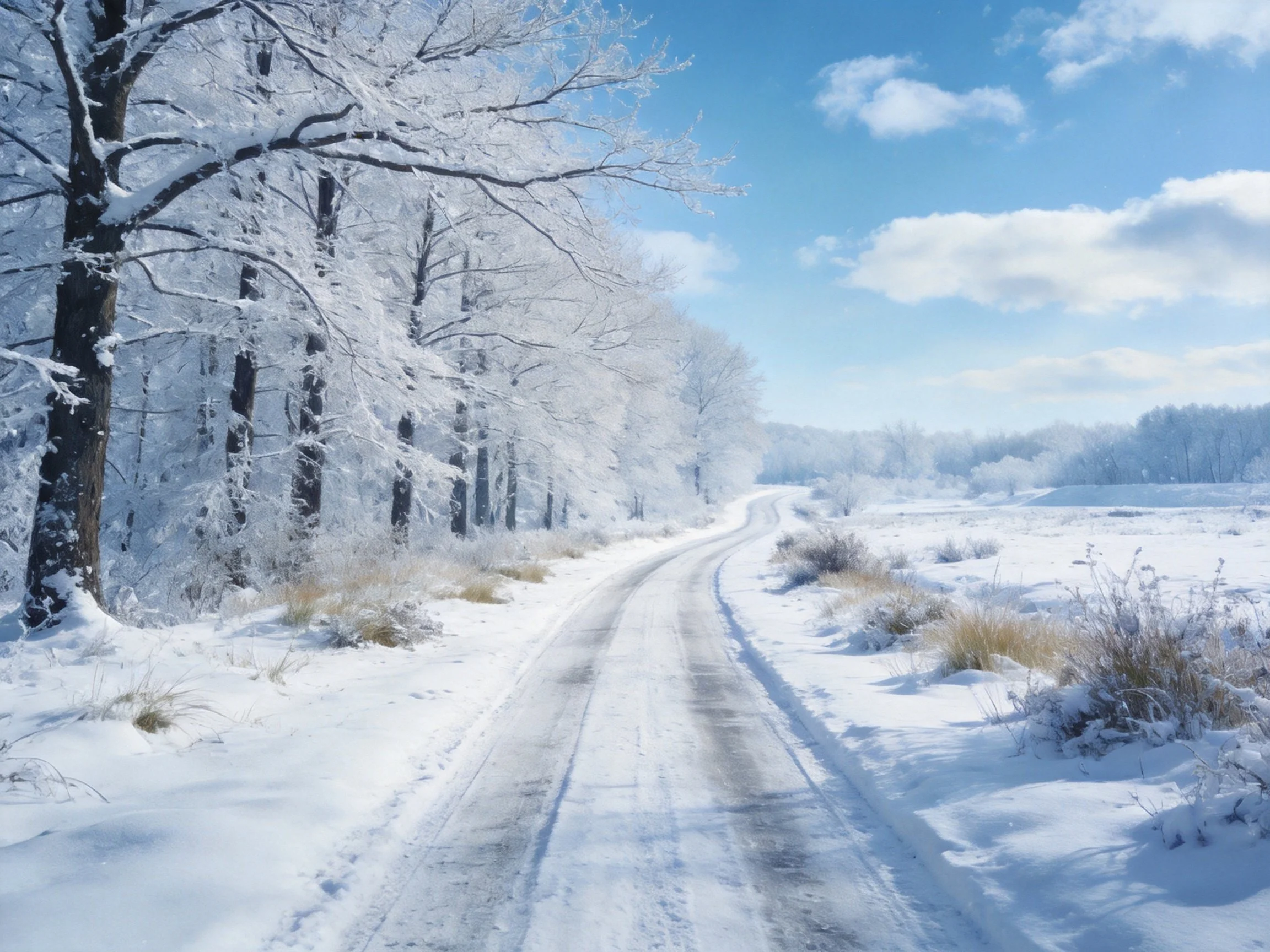 Snow - covered forest path with frost - laden trees and clear blue sky