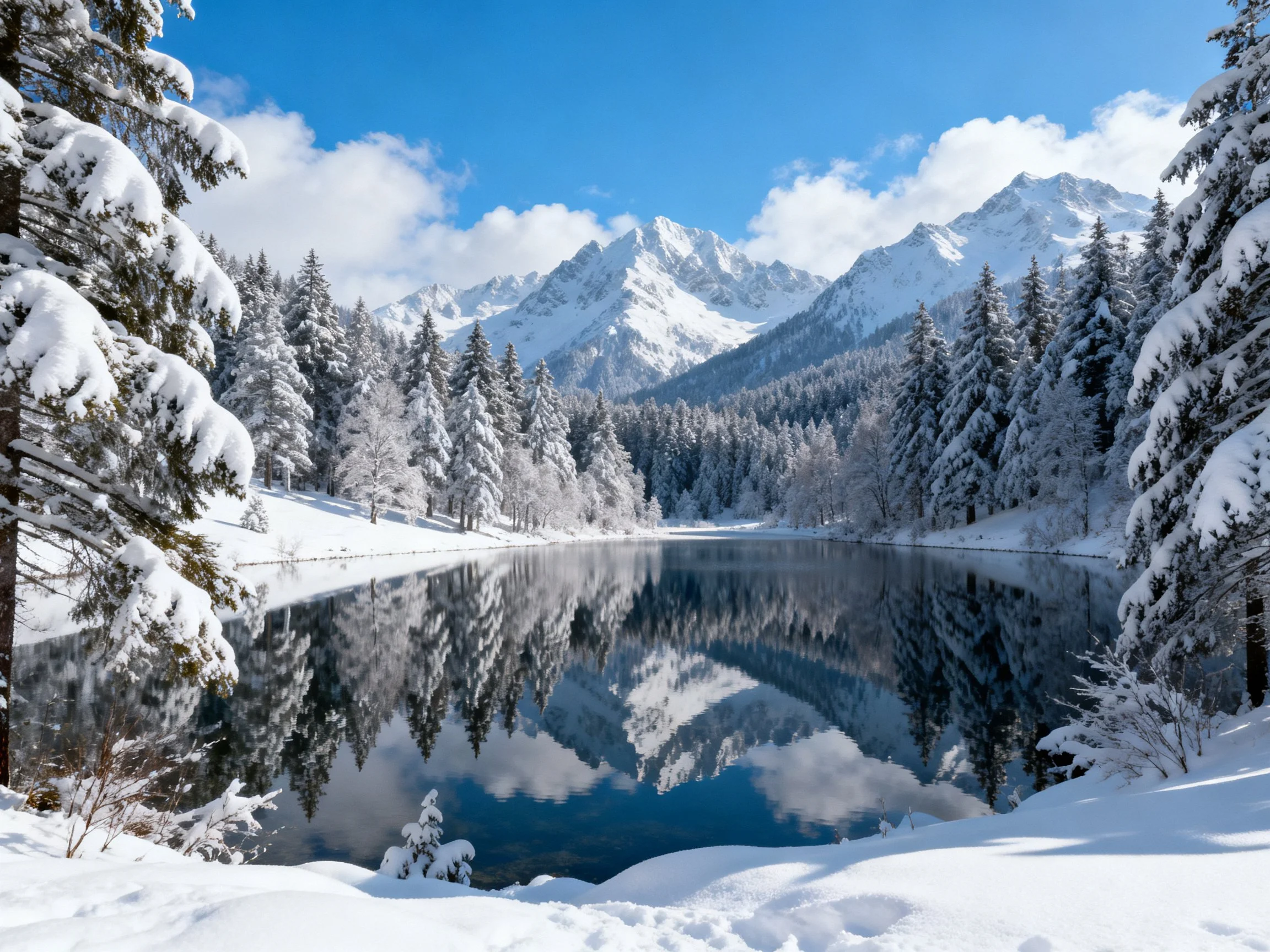 Snow-covered forest reflects in tranquil mountain lake