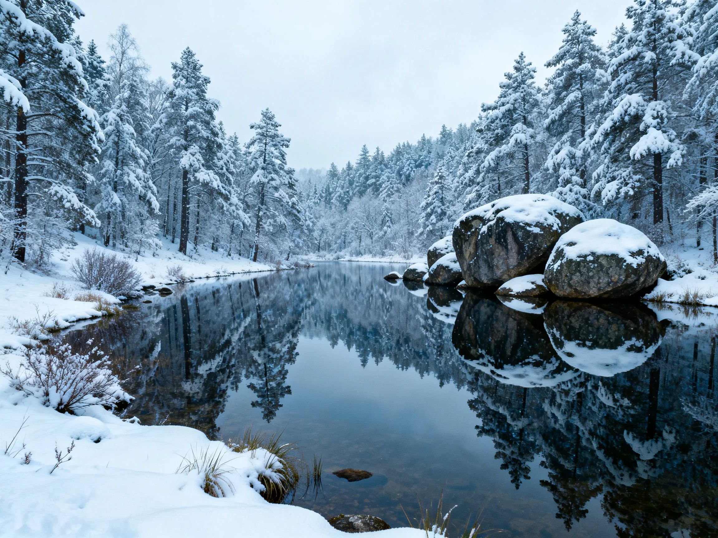 Snow-covered forest with calm river and large boulders