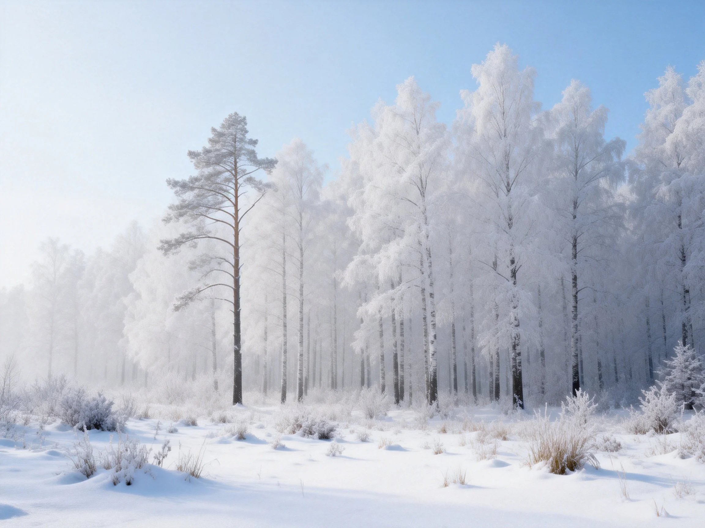 Snow - covered forest with tall pine and frosty trees