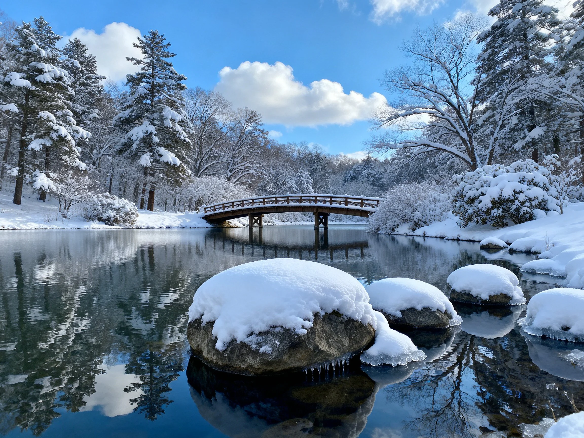 Snow-covered forest, wooden arch bridge, and still icy water