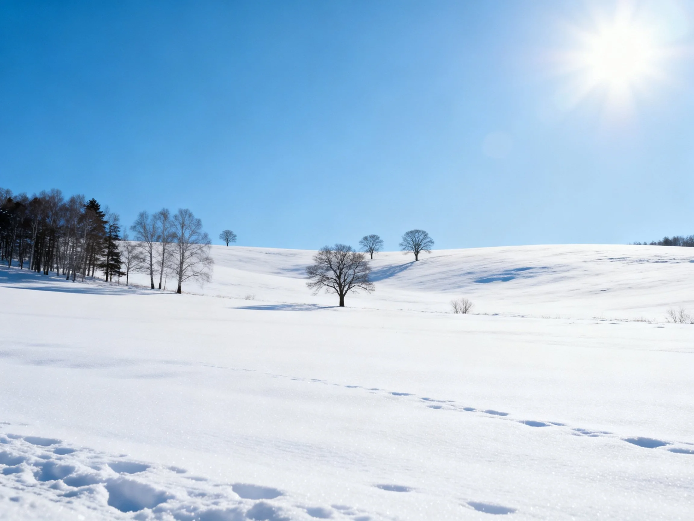 Snow-covered hills with scattered trees and clear sky