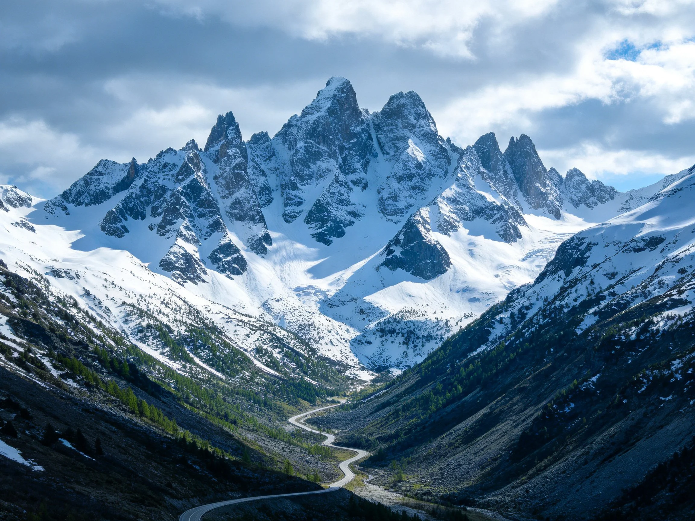 Snow-covered jagged mountain peaks dominate a winding valley road