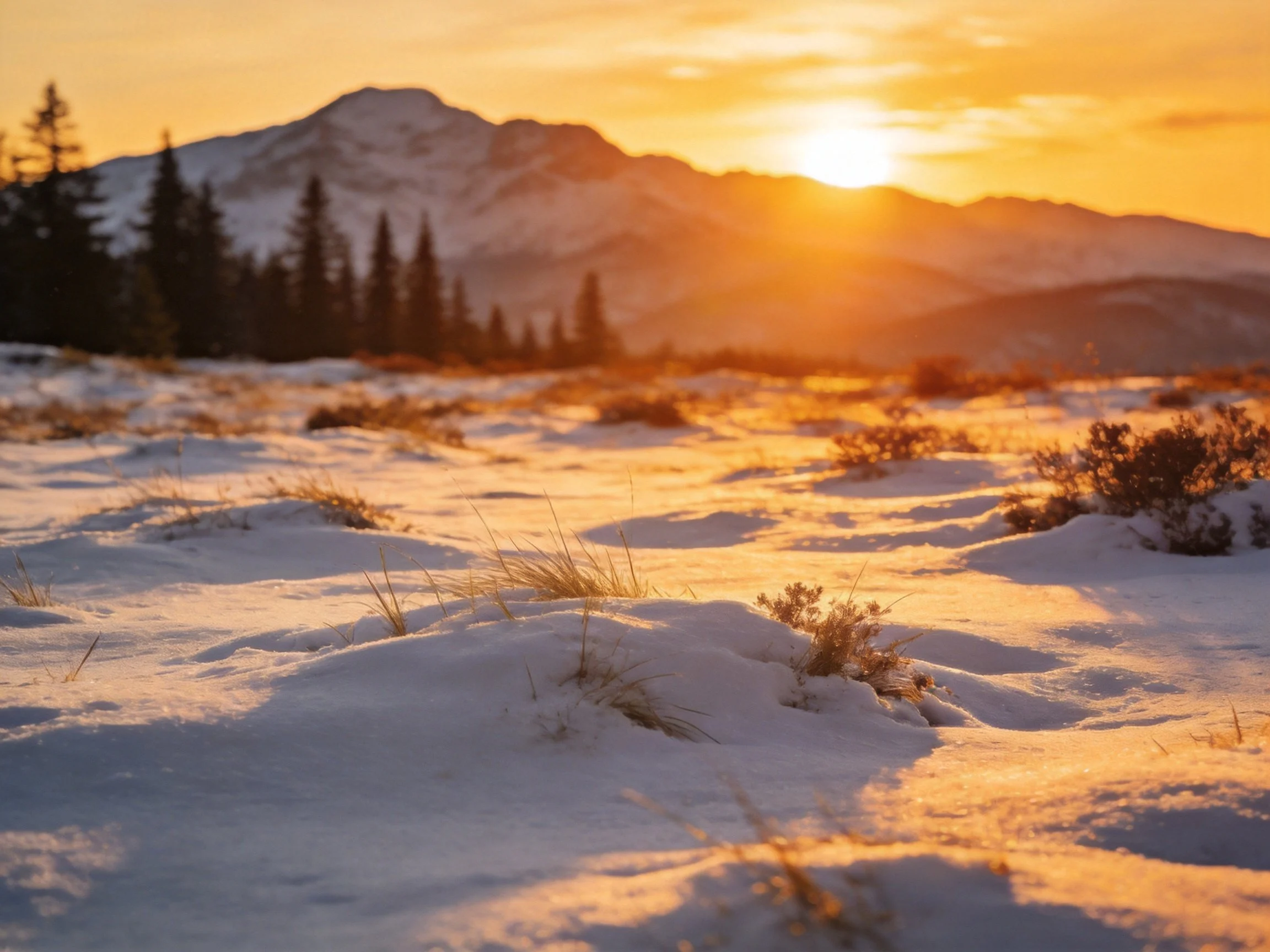 Snow-covered landscape with mountain sunset and evergreen trees