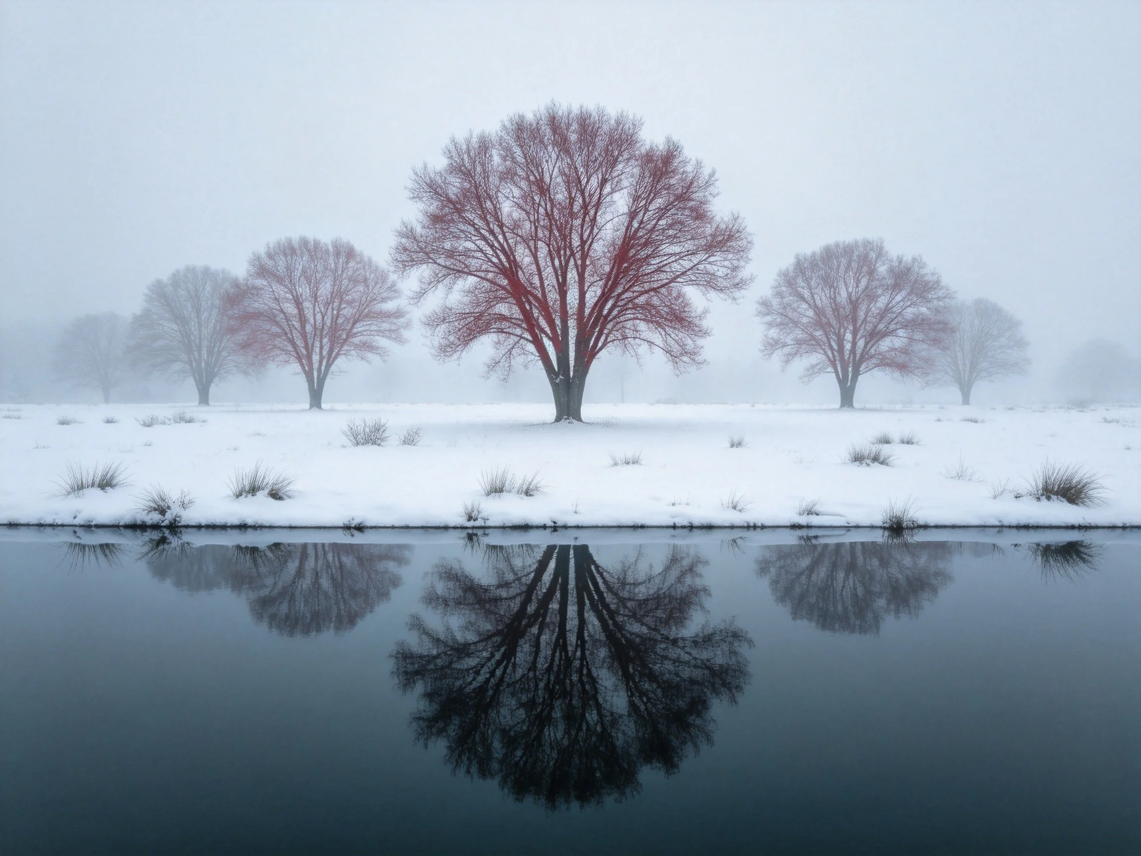 Snow-covered landscape with red-centered trees reflected in calm water