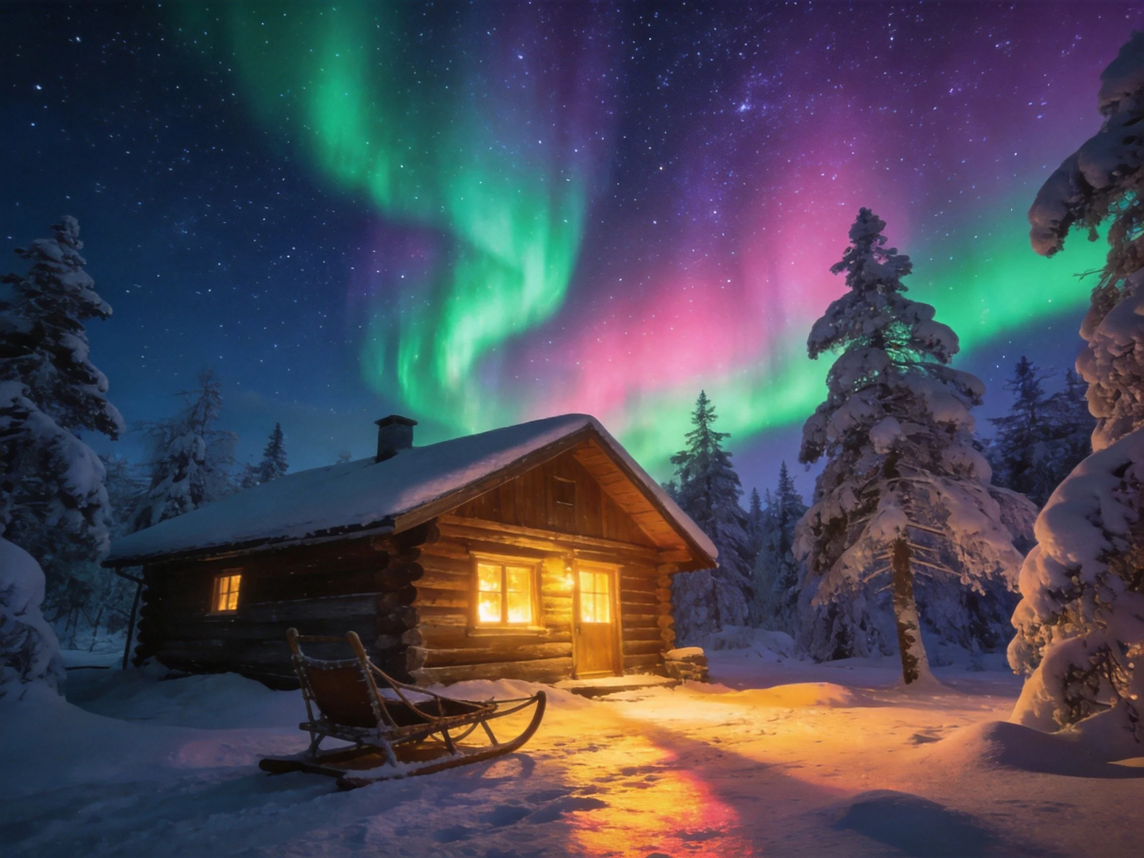 Snow-covered log cabin beneath colorful aurora display