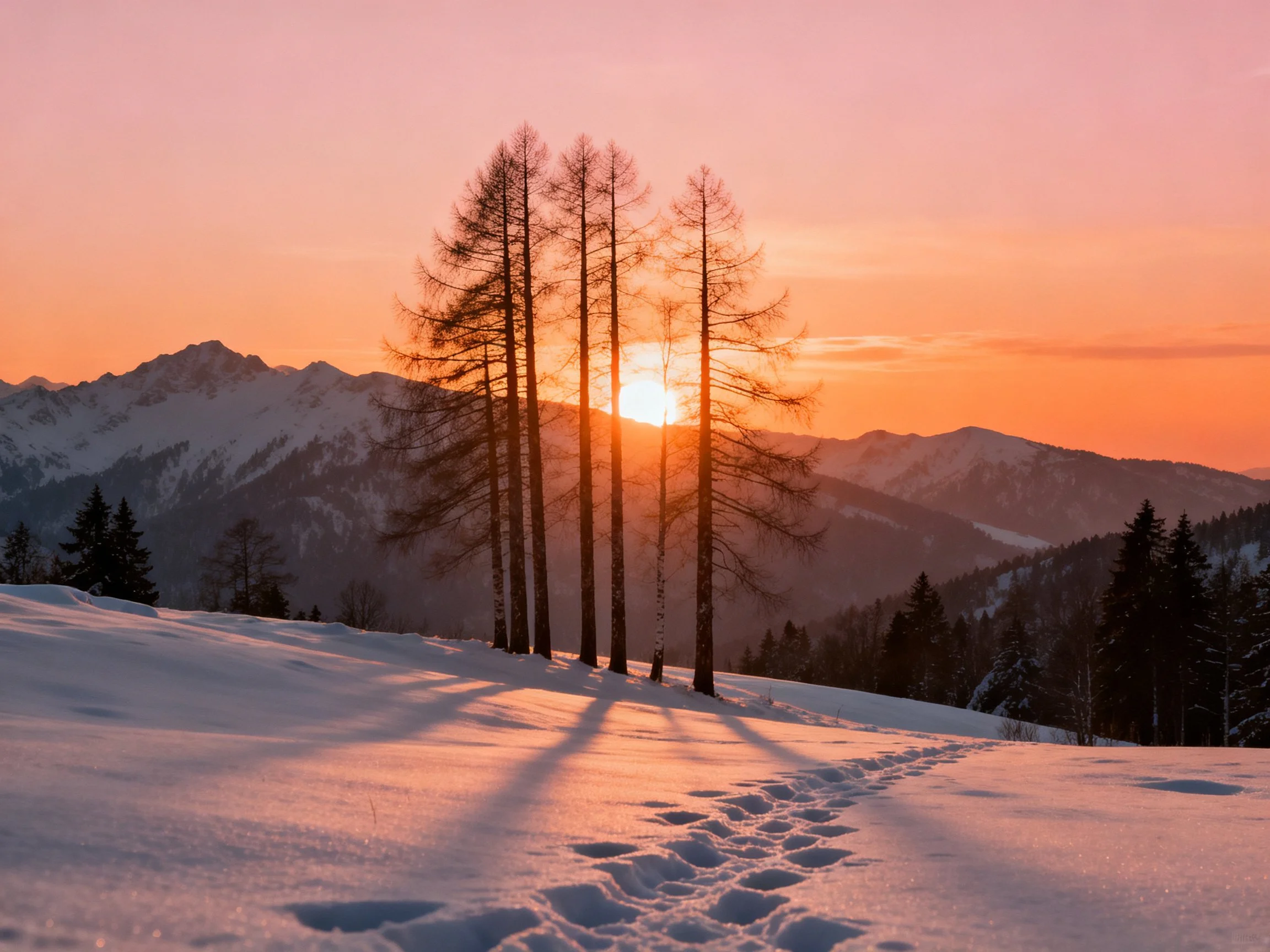 Snow-covered mountain landscape with tall trees at sunset