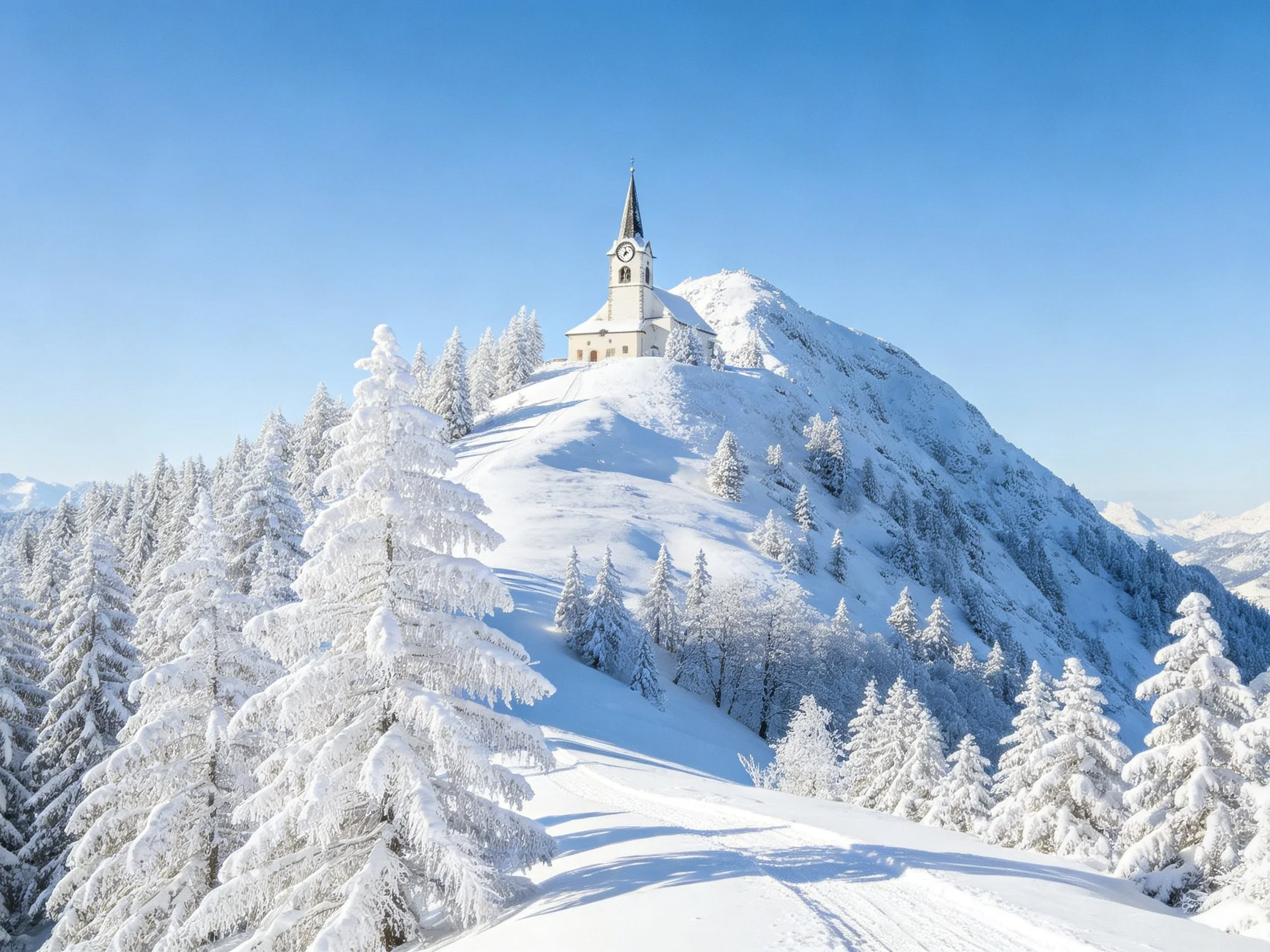 Snow-covered mountain peak with a white church tower