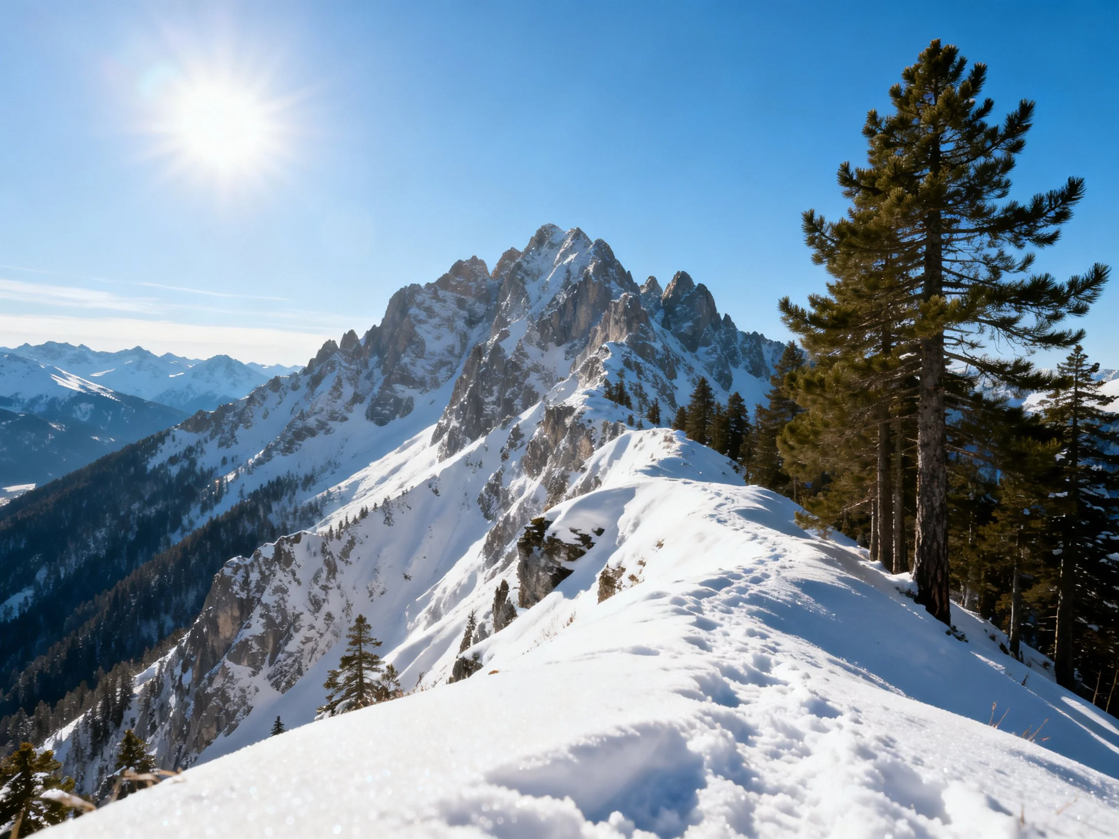 Snow - covered mountain peak with pine trees and clear blue sky